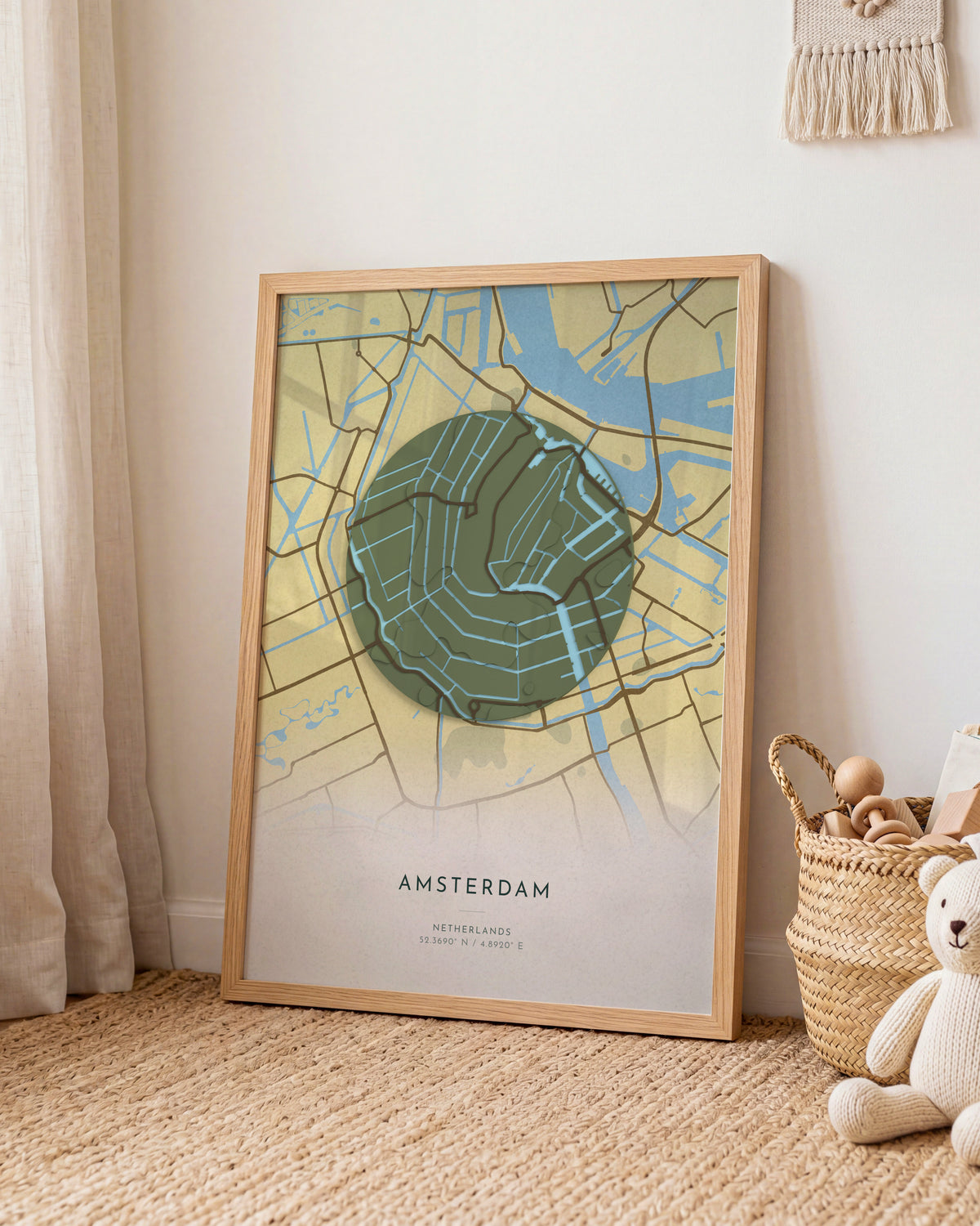 Amsterdam 3D relief map in Vale, framed in a room