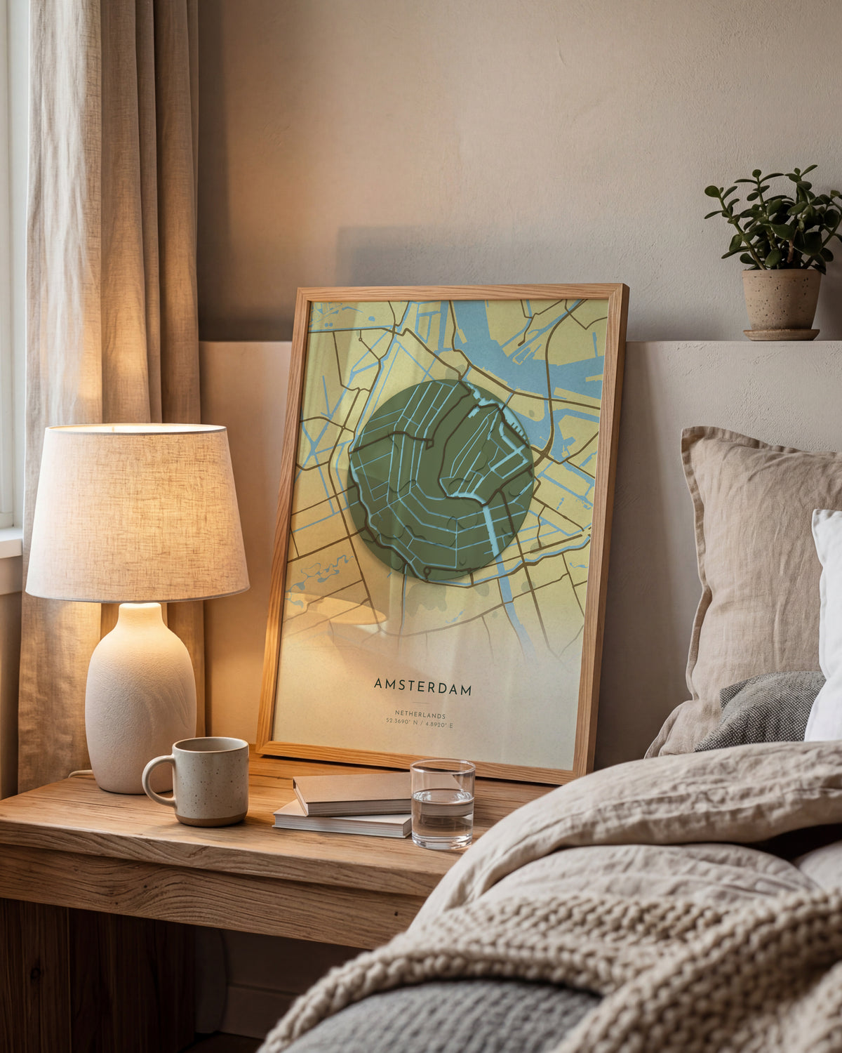 Amsterdam 3D relief map in Vale, framed in a room