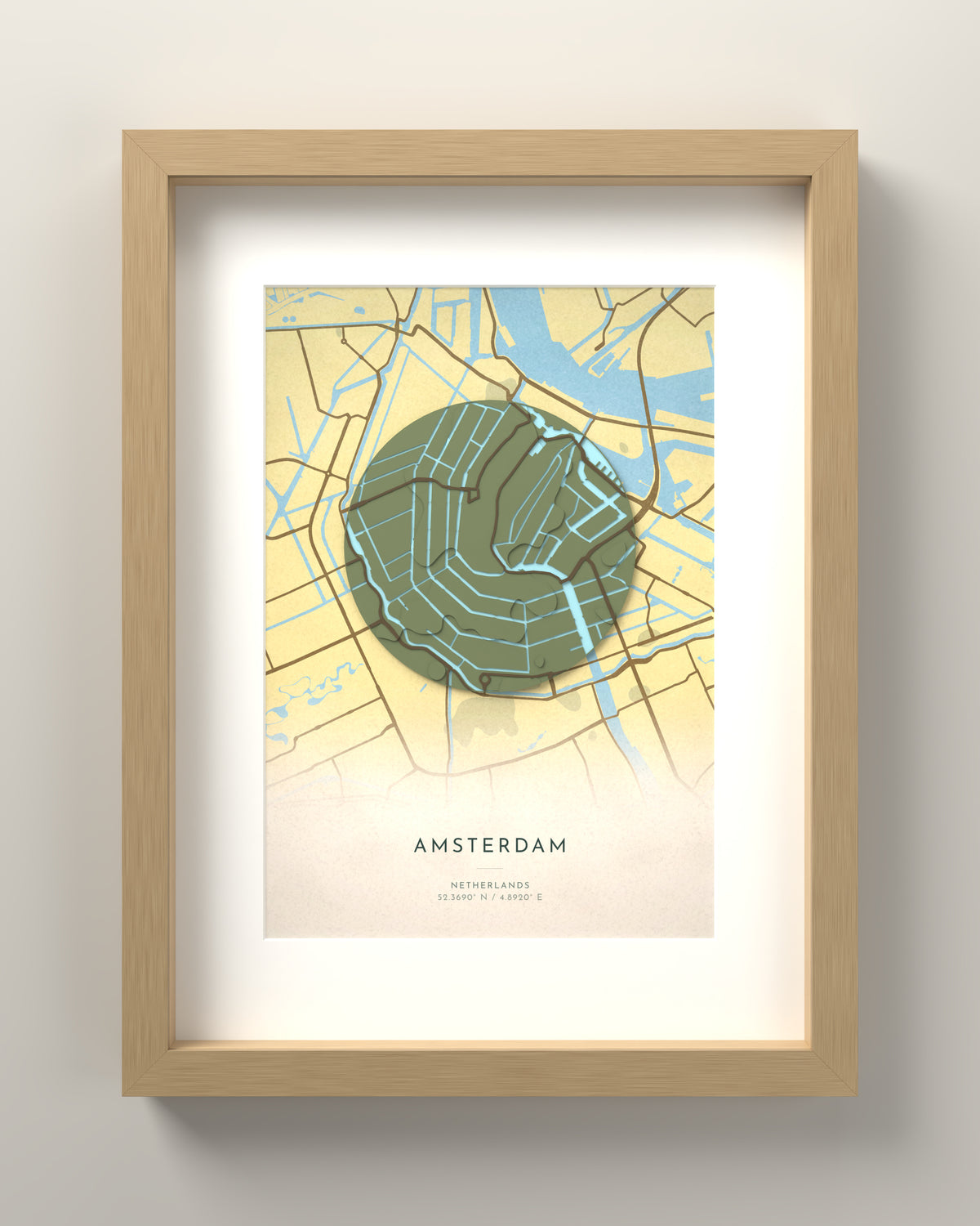 Amsterdam 3D relief map in Vale, oak frame