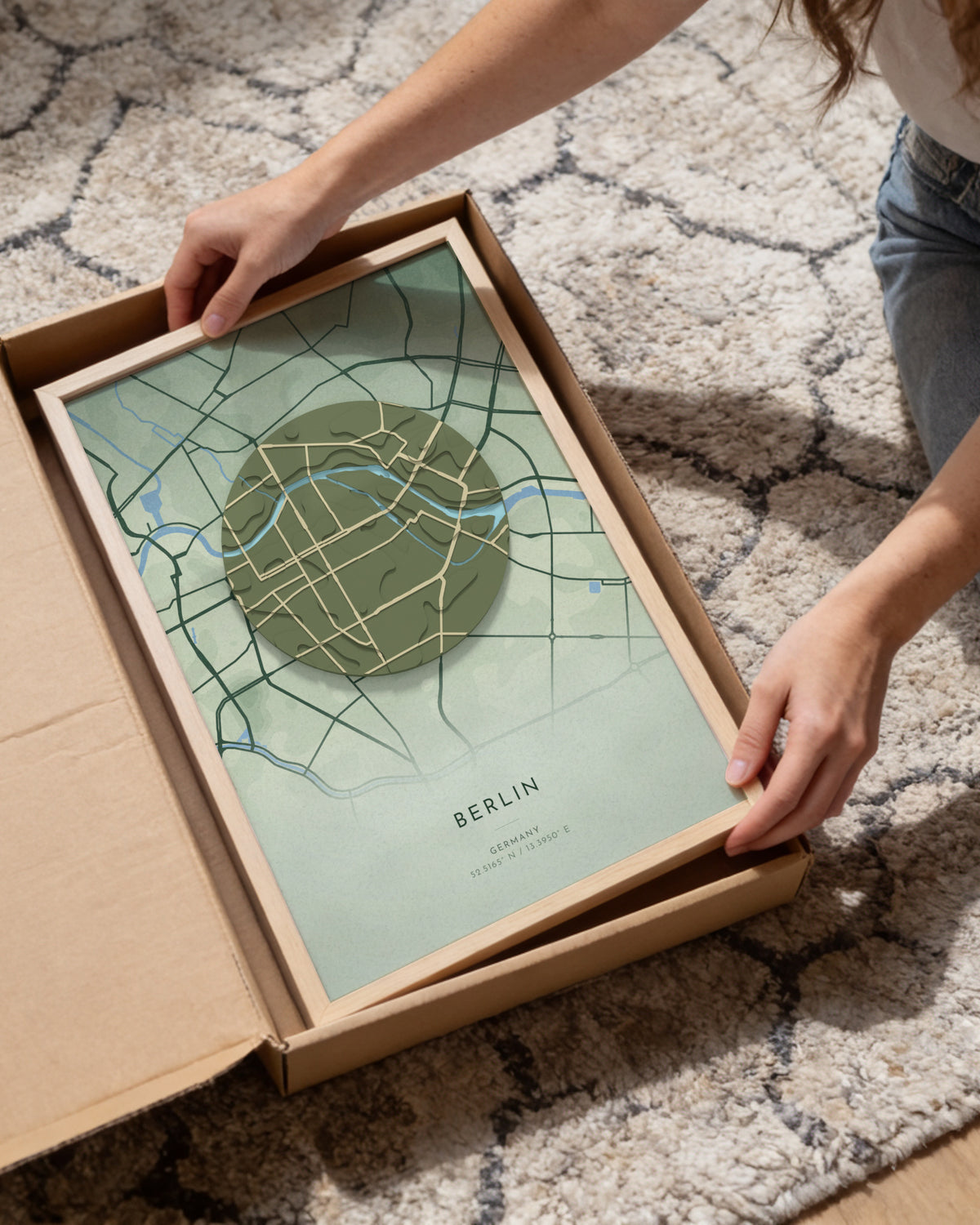Berlin 3D relief map in Taiga, framed in a room