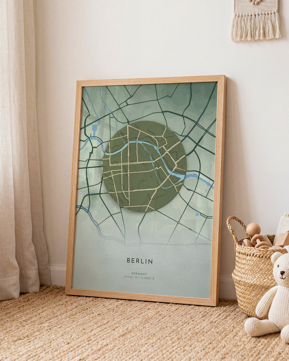 Berlin 3D relief map in Taiga, framed in a room