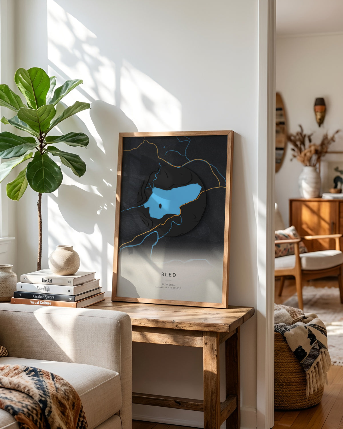 Bled 3D relief map in Basalt, framed in a room