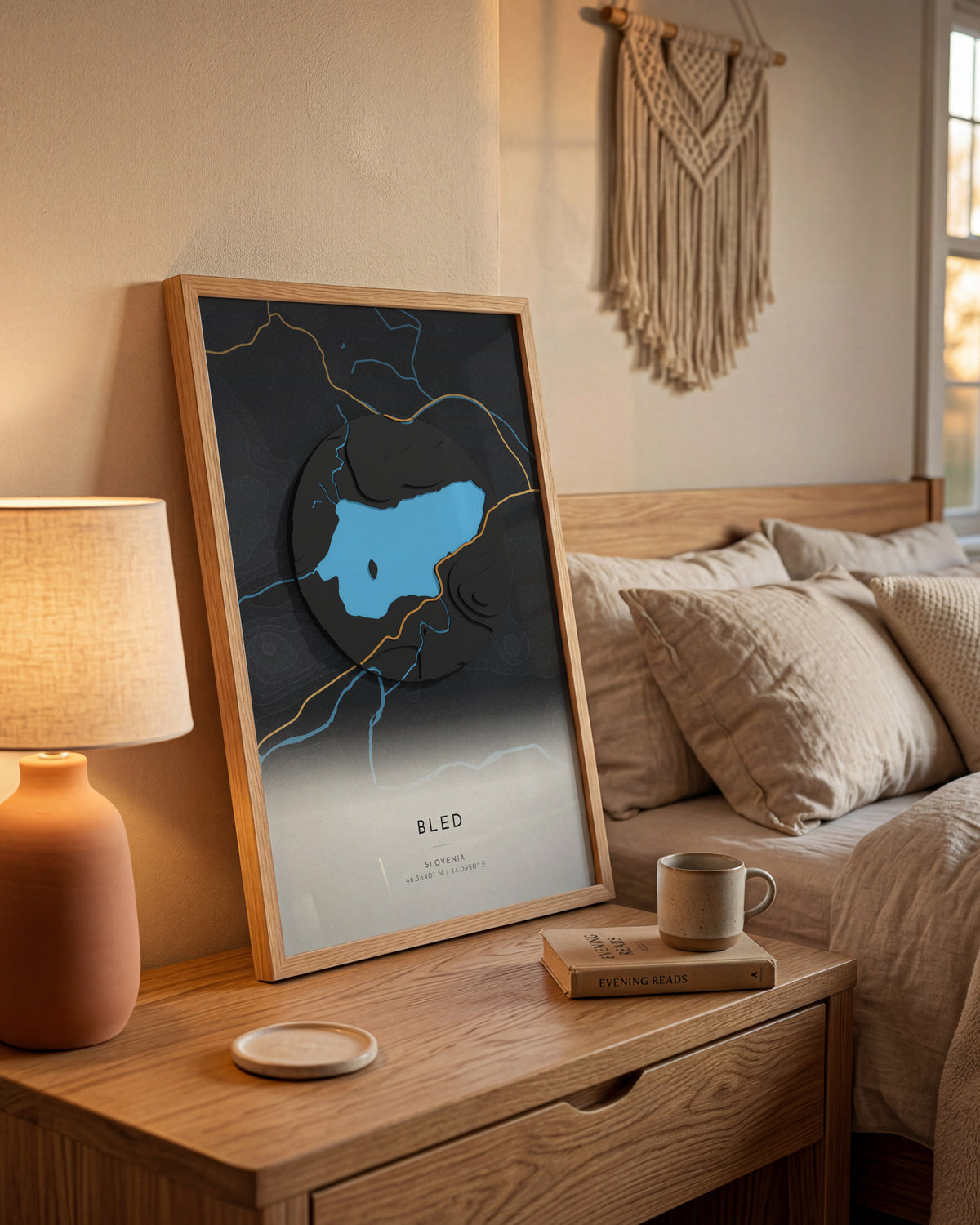 Bled 3D relief map in Basalt, framed in a room