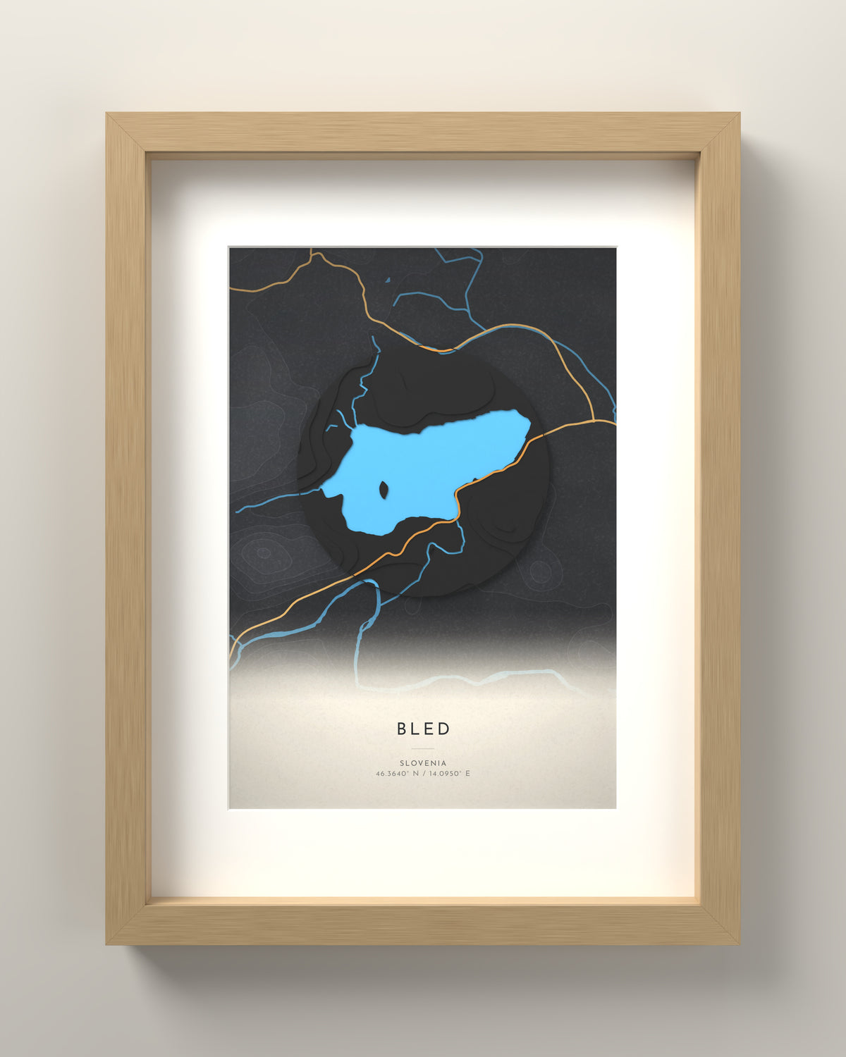 Bled 3D relief map in Basalt, oak frame