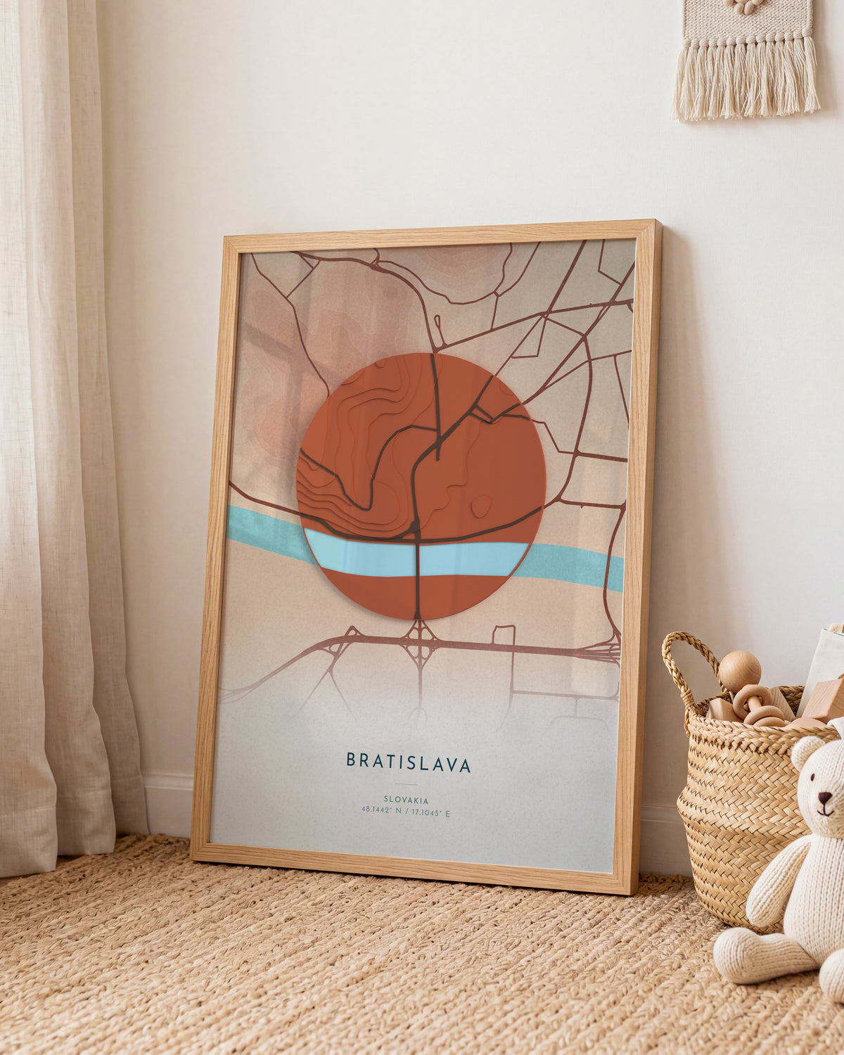 Bratislava 3D relief map in Riviera, framed in a room