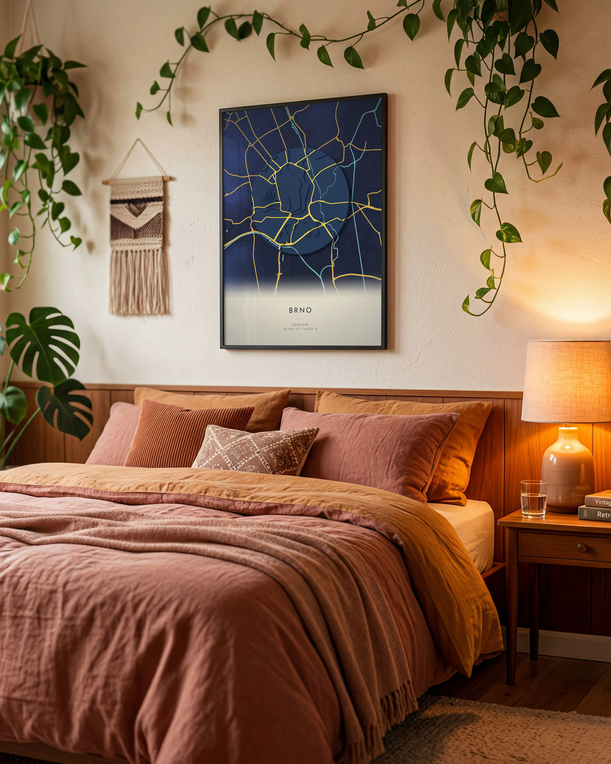 Brno 3D relief map in Nocturne, framed in a room