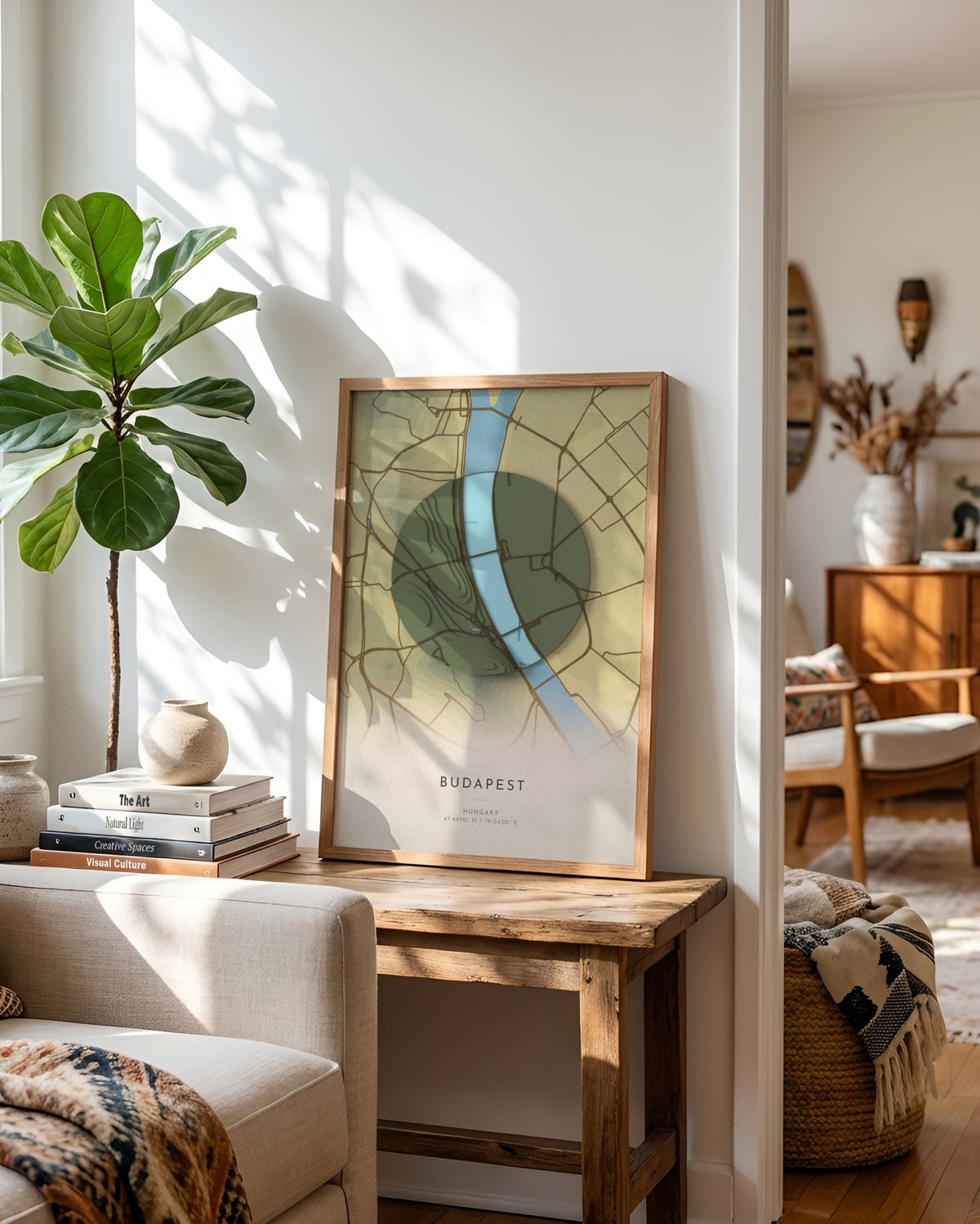 Budapest 3D relief map in Vale, framed in a room