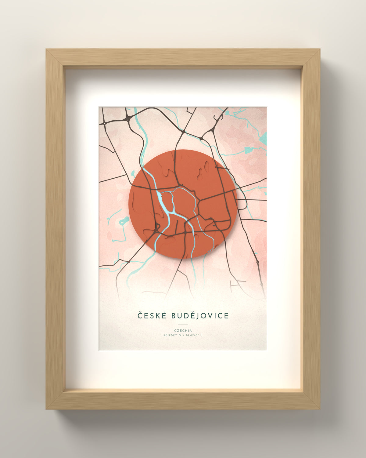 České Budějovice 3D relief map in Fuji, oak frame