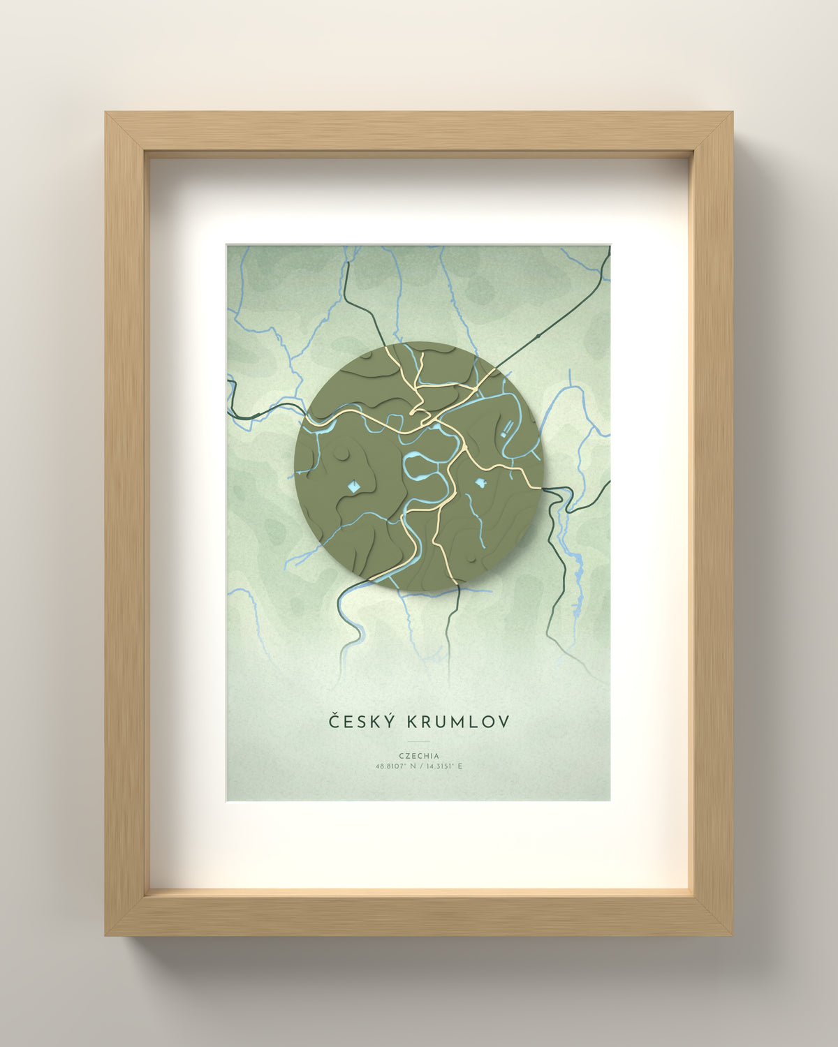Český Krumlov 3D relief map in Taiga, oak frame