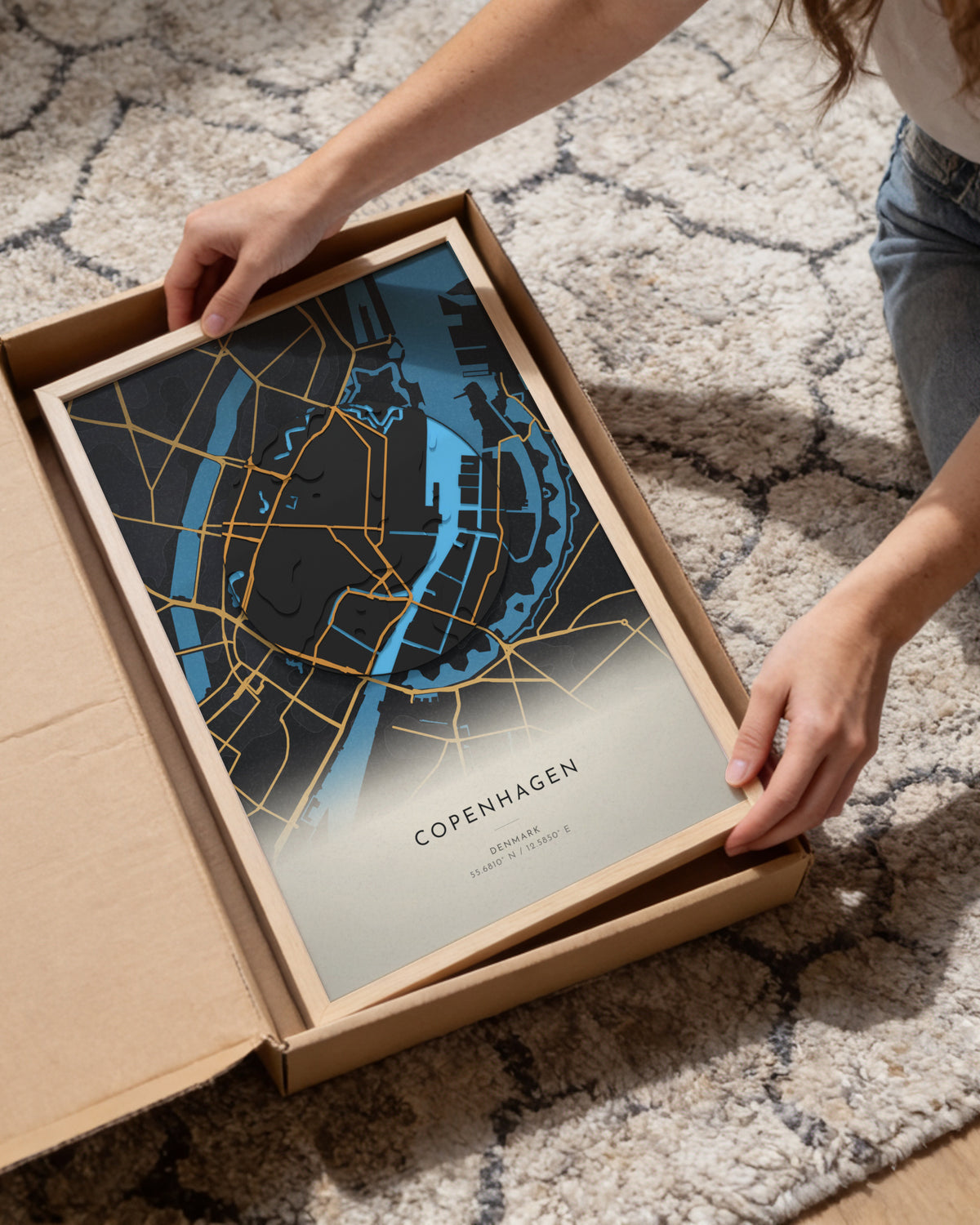 Copenhagen 3D relief map in Basalt, framed in a room