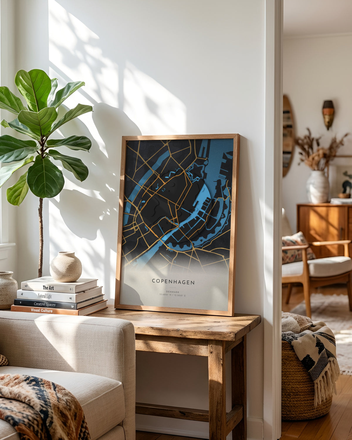 Copenhagen 3D relief map in Basalt, framed in a room