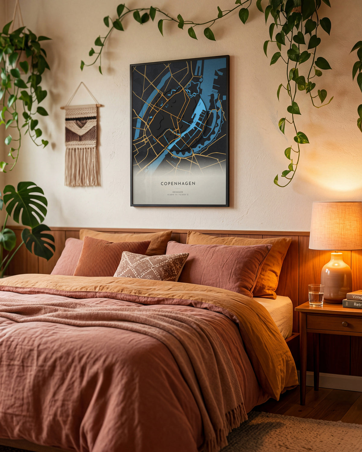 Copenhagen 3D relief map in Basalt, framed in a room