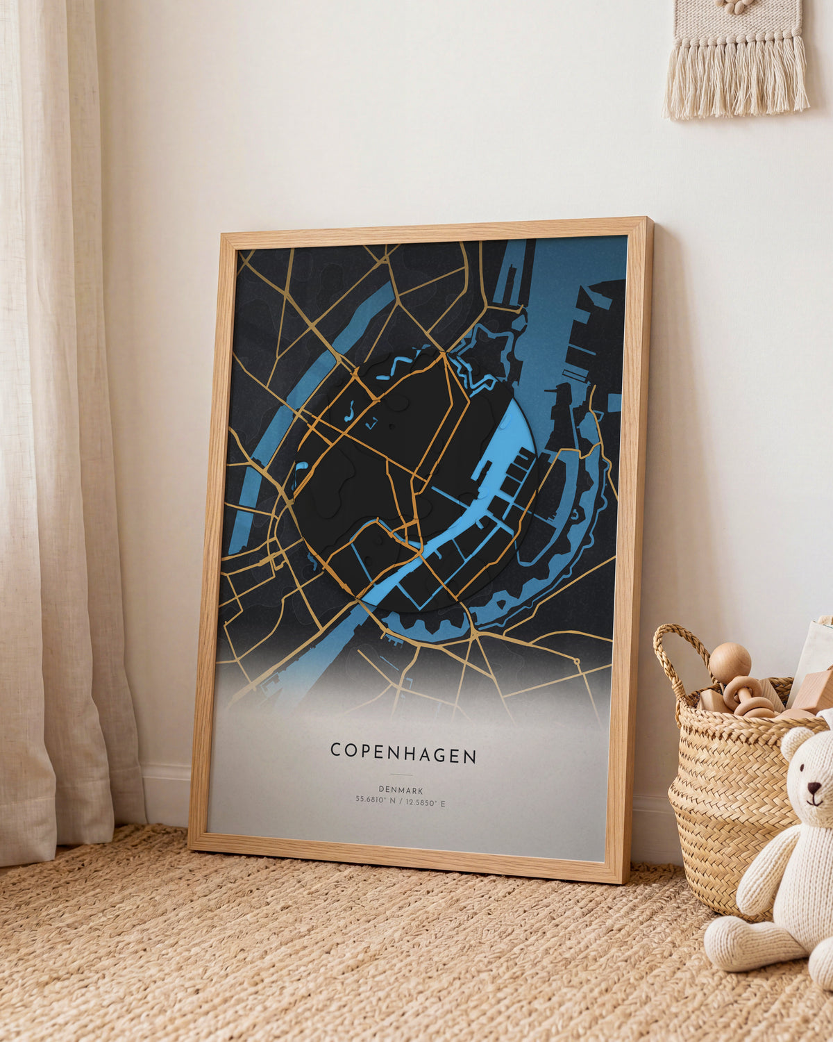 Copenhagen 3D relief map in Basalt, framed in a room