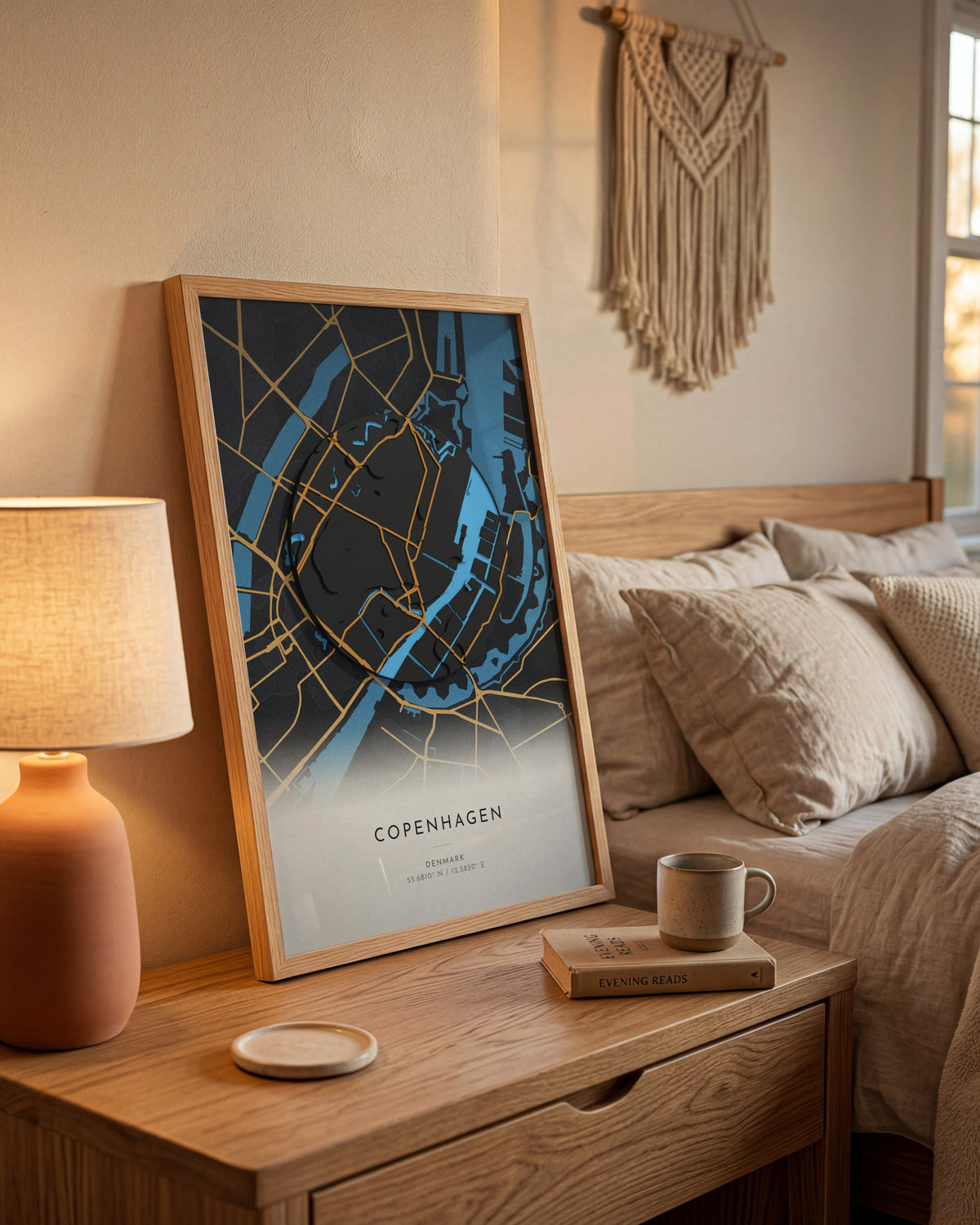 Copenhagen 3D relief map in Basalt, framed in a room