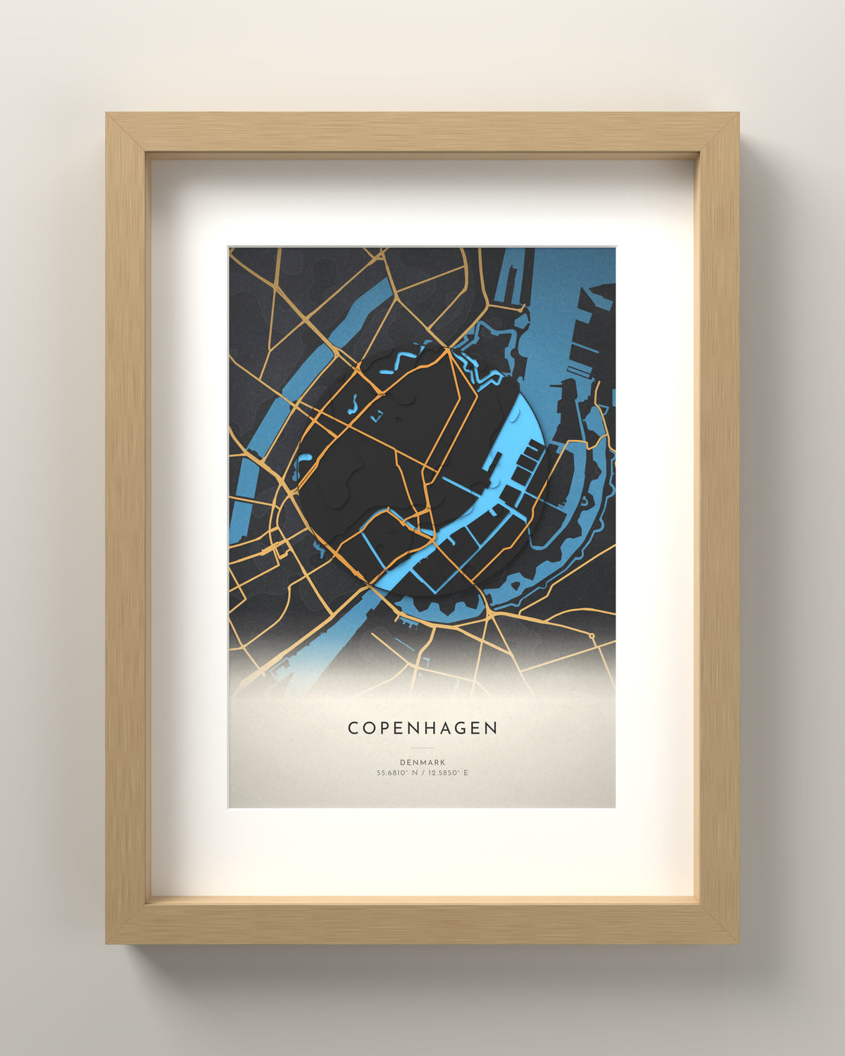 Copenhagen 3D relief map in Basalt, oak frame