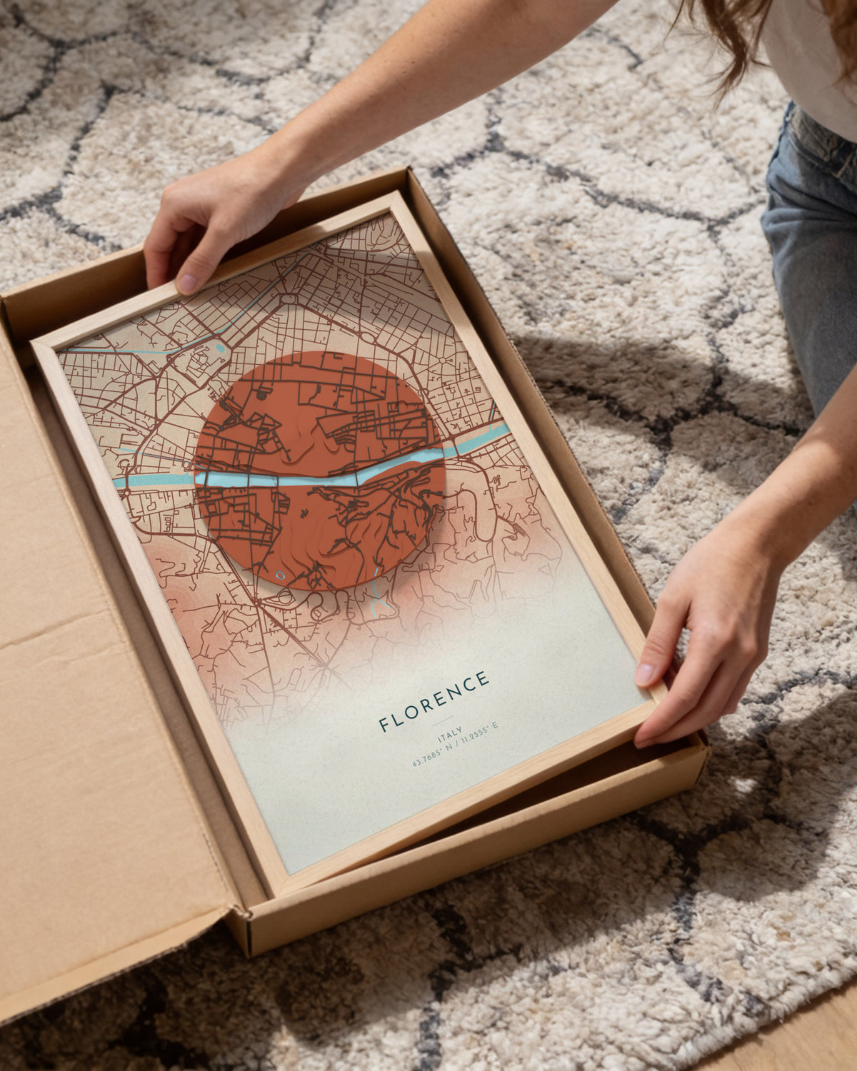 Florence 3D relief map in Riviera, framed in a room