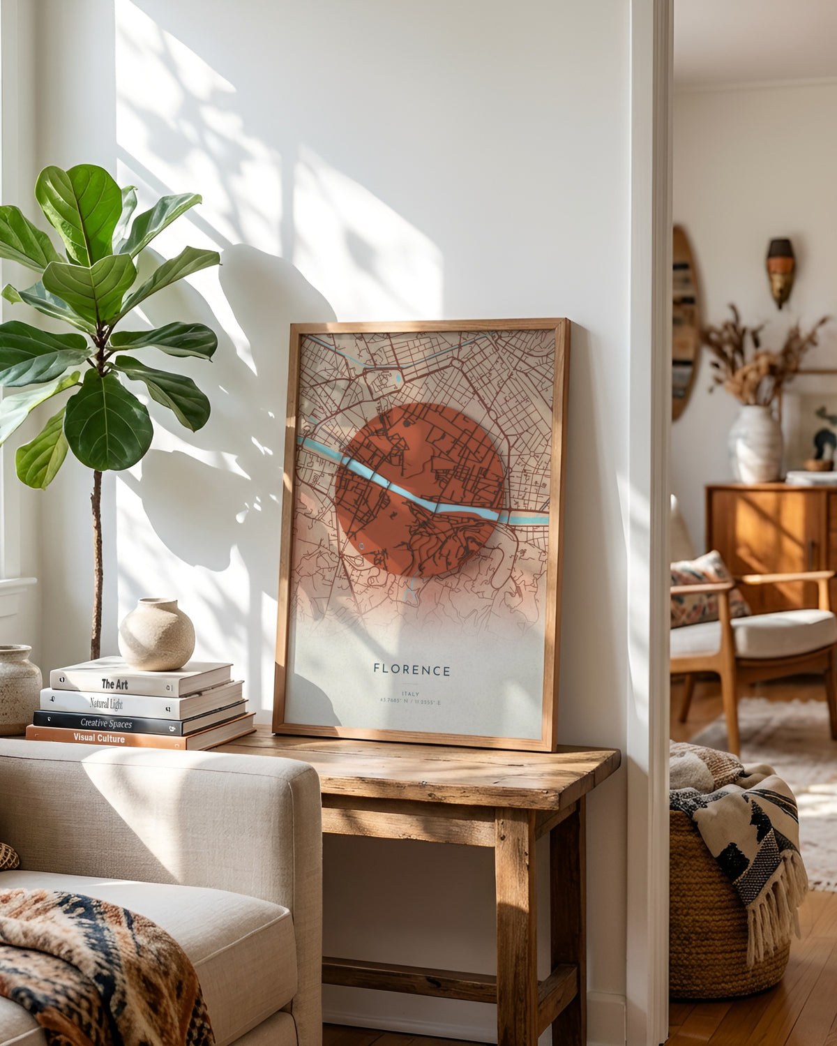 Florence 3D relief map in Riviera, framed in a room
