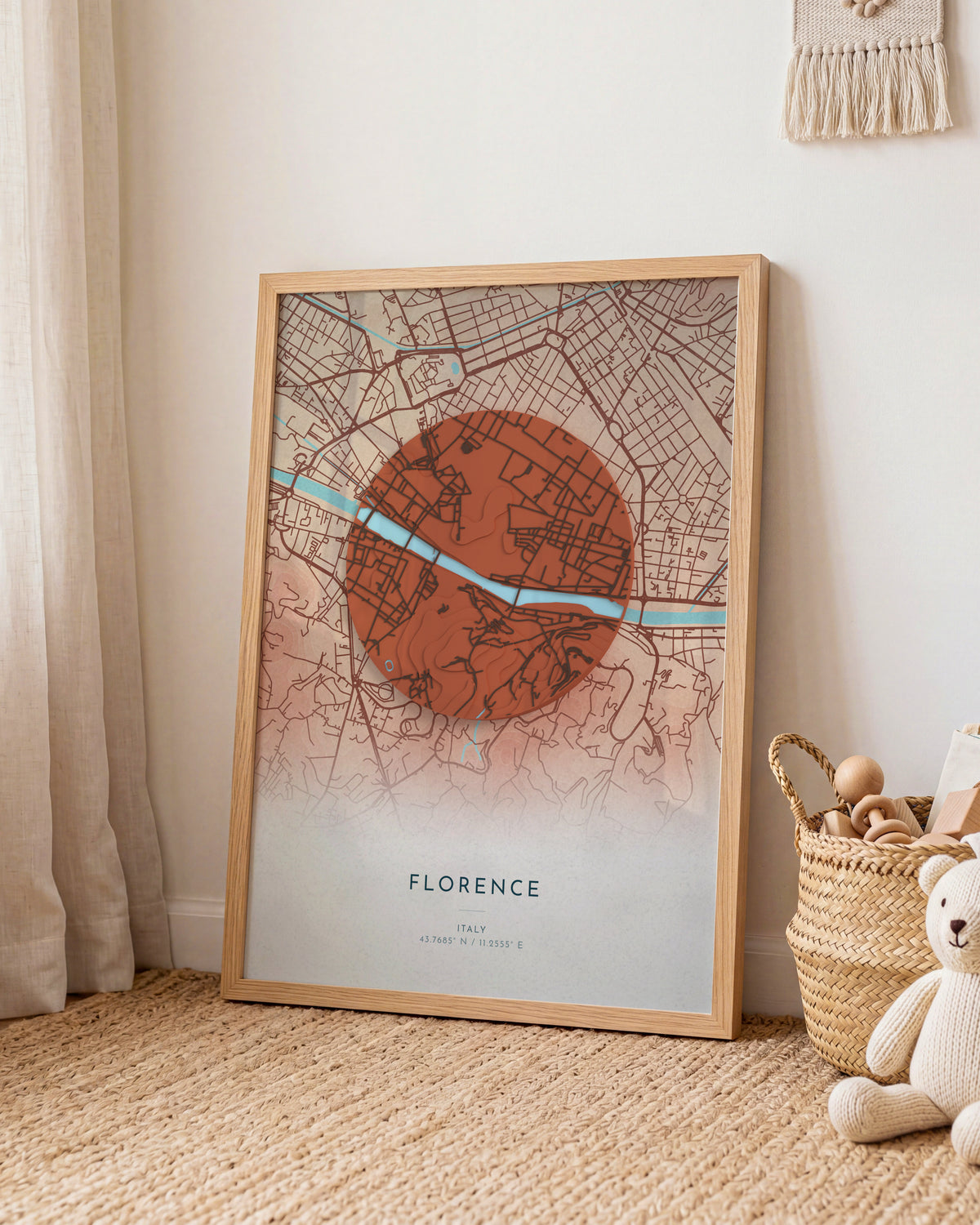 Florence 3D relief map in Riviera, framed in a room