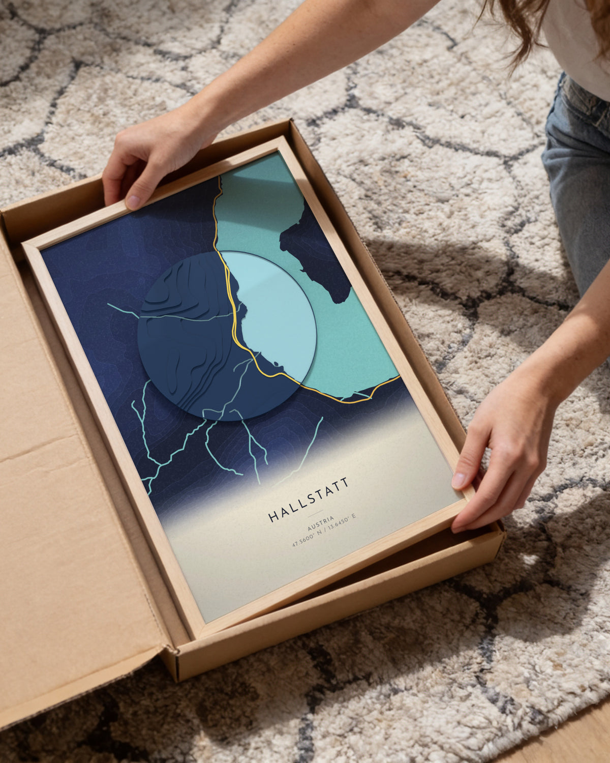 Hallstatt 3D relief map in Nocturne, framed in a room