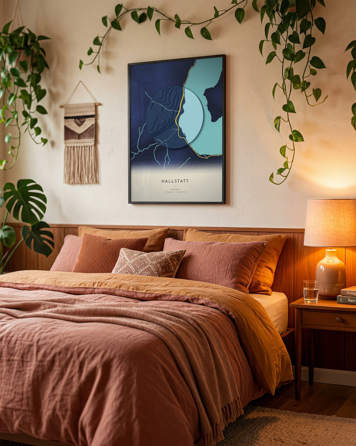 Hallstatt 3D relief map in Nocturne, framed in a room