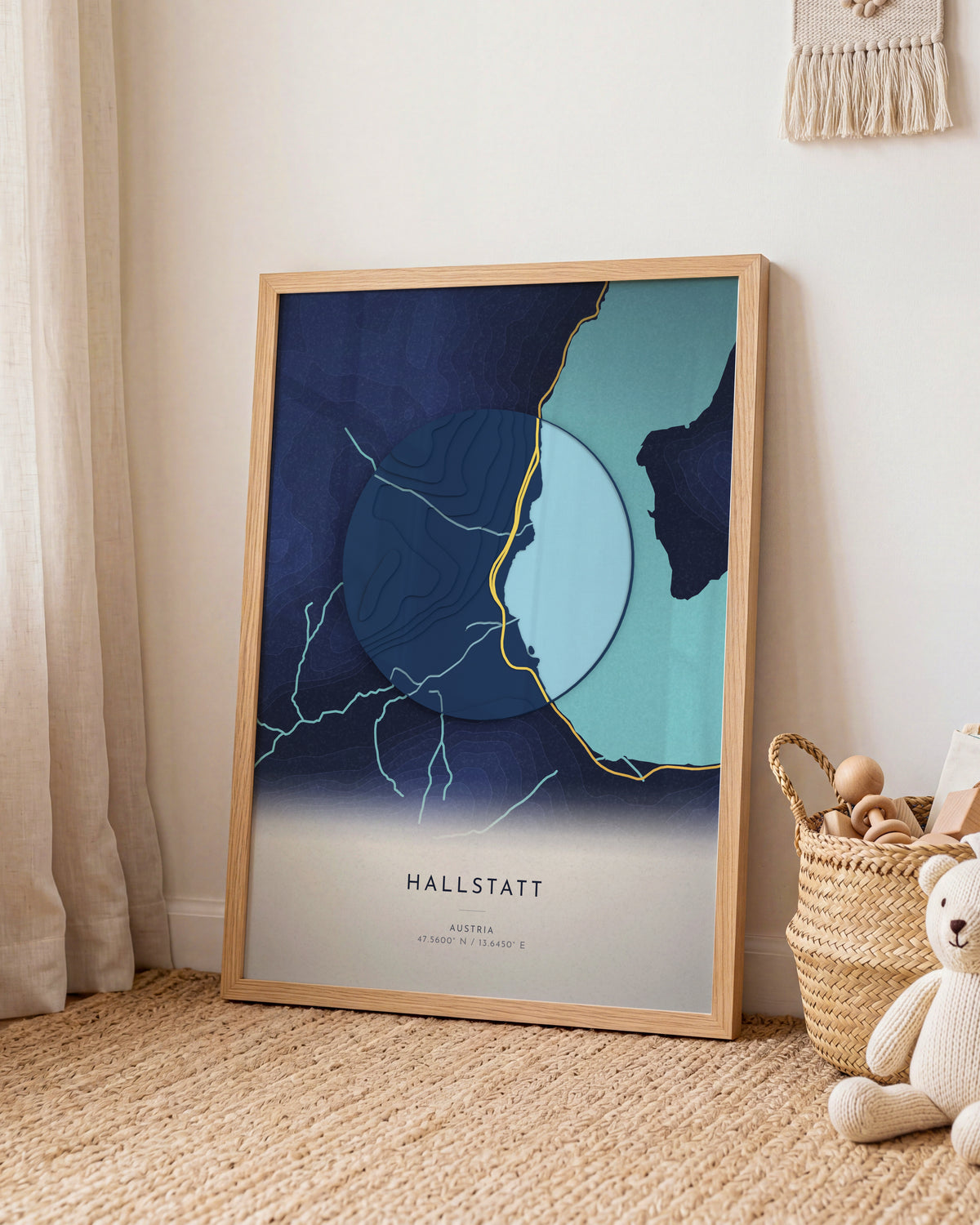 Hallstatt 3D relief map in Nocturne, framed in a room