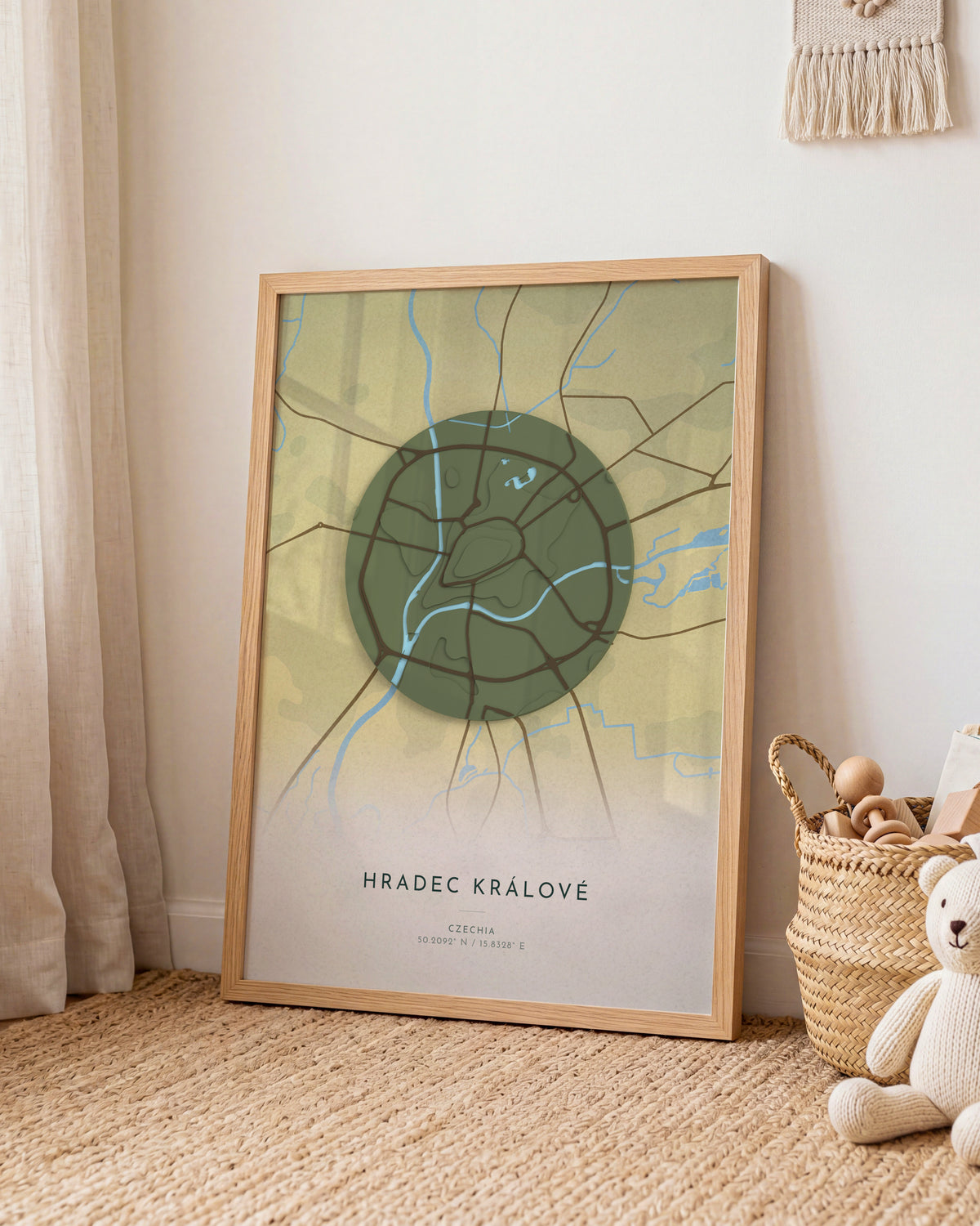 Hradec Králové 3D relief map in Vale, framed in a room