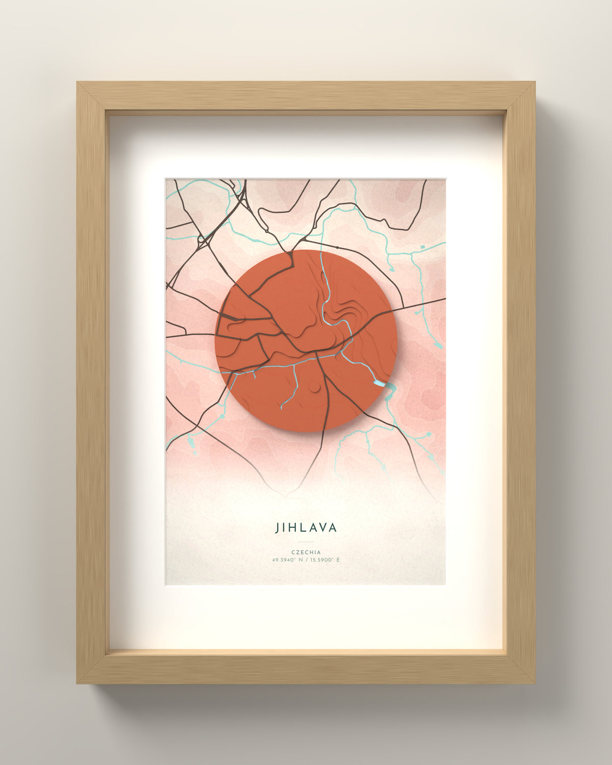 Jihlava 3D relief map in Fuji, oak frame