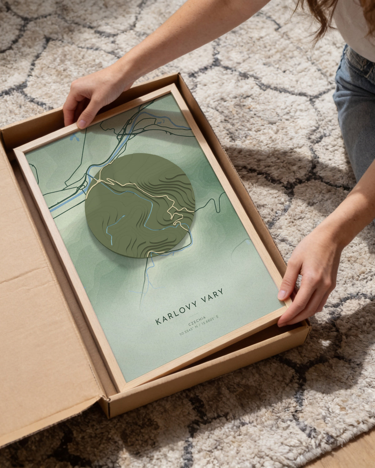 Karlovy Vary 3D relief map in Taiga, framed in a room