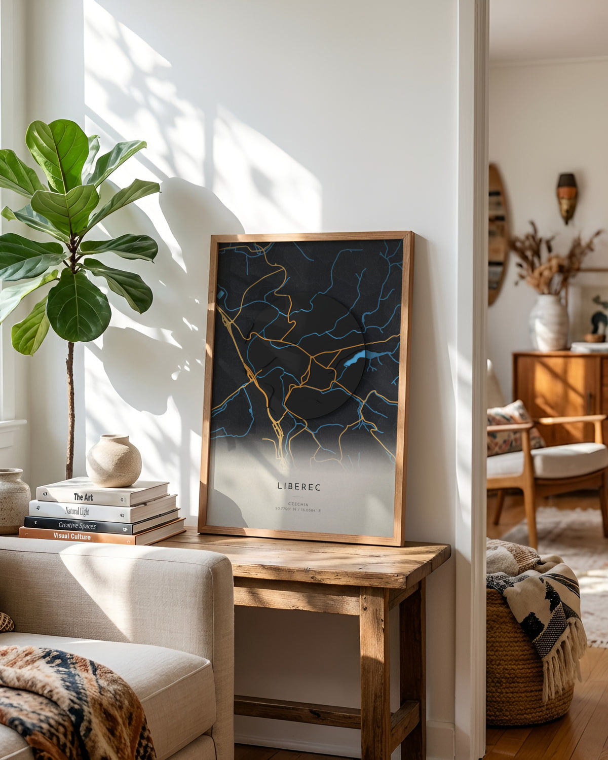 Liberec 3D relief map in Basalt, framed in a room