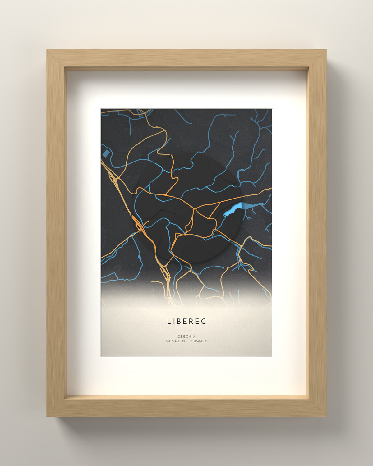 Liberec 3D relief map in Basalt, oak frame