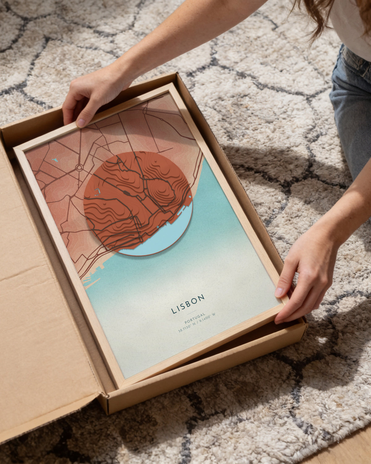 Lisbon 3D relief map in Riviera, framed in a room