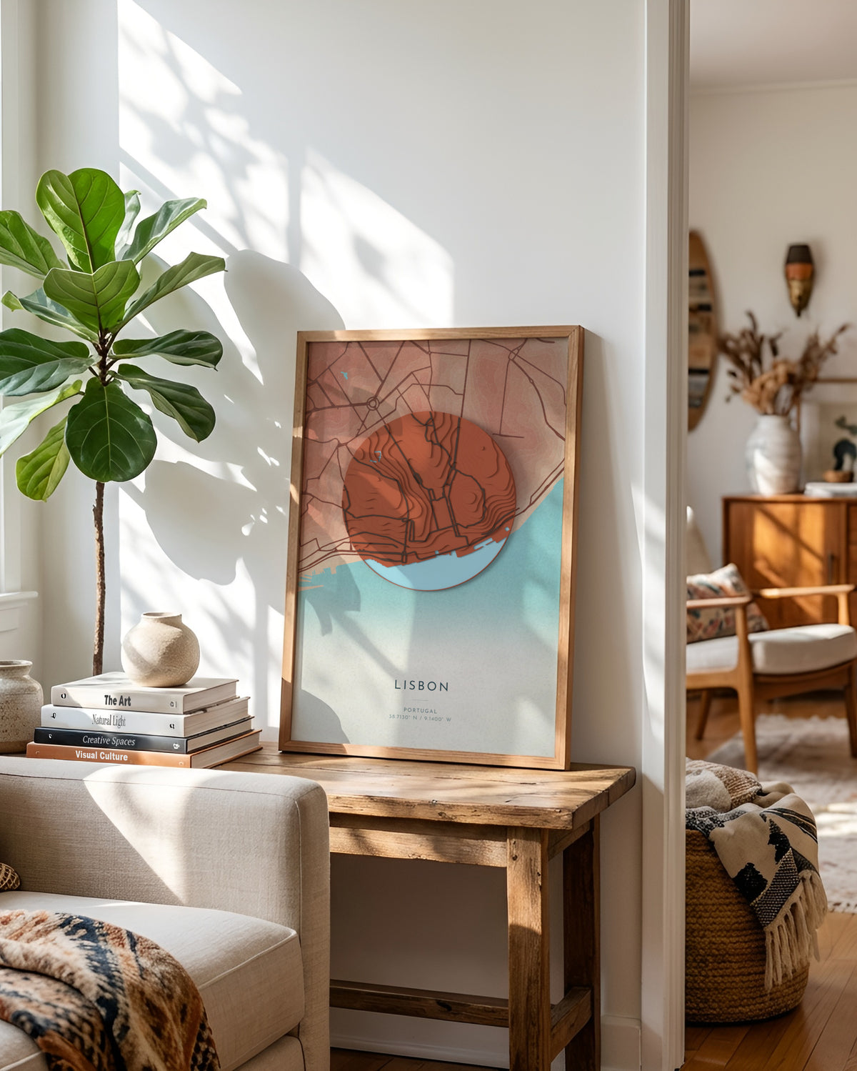Lisbon 3D relief map in Riviera, framed in a room