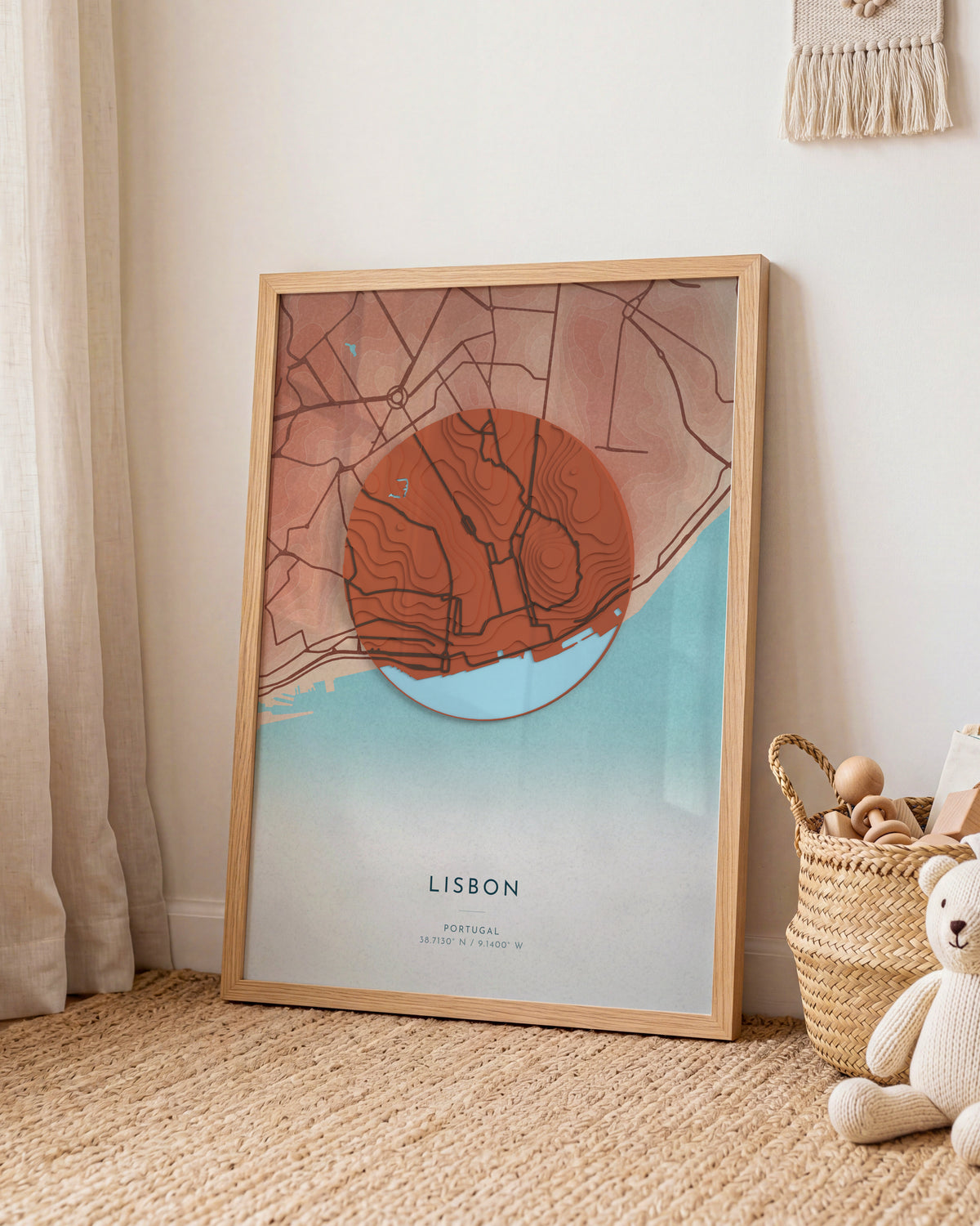 Lisbon 3D relief map in Riviera, framed in a room