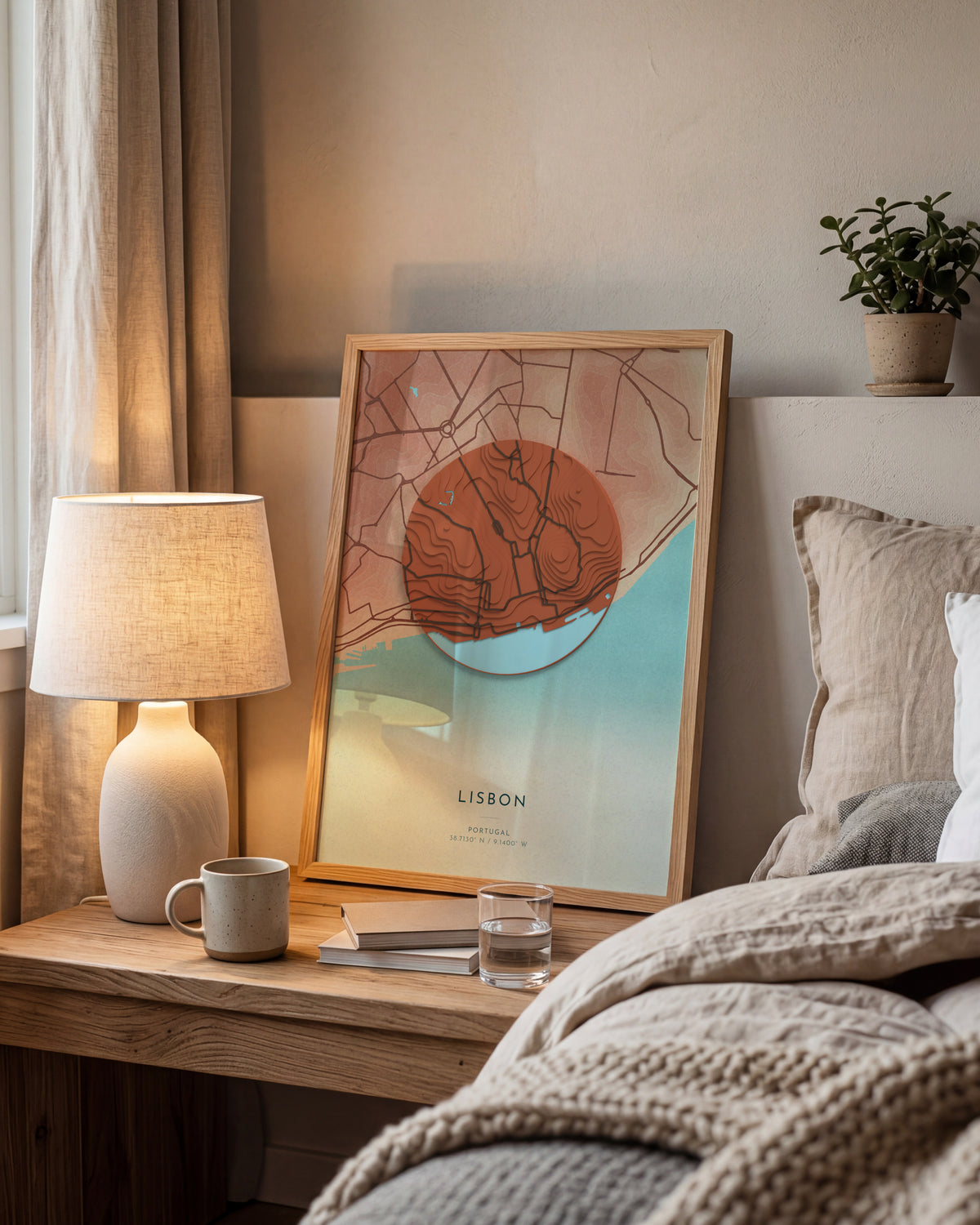 Lisbon 3D relief map in Riviera, framed in a room