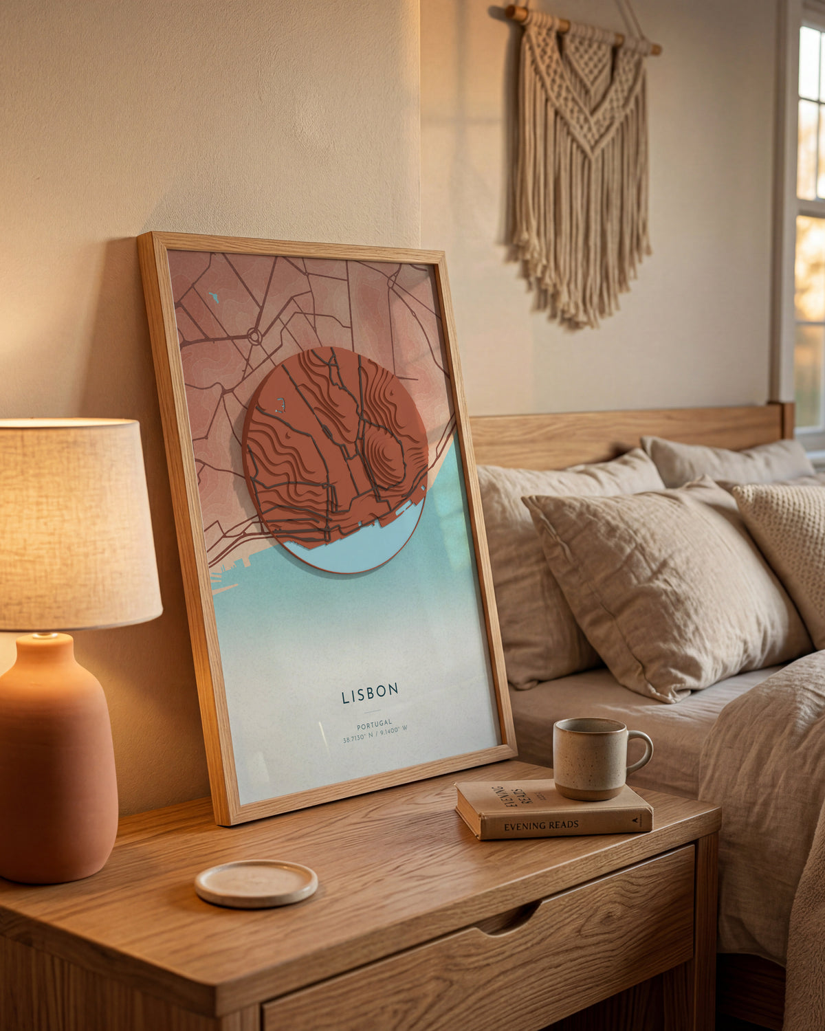 Lisbon 3D relief map in Riviera, framed in a room