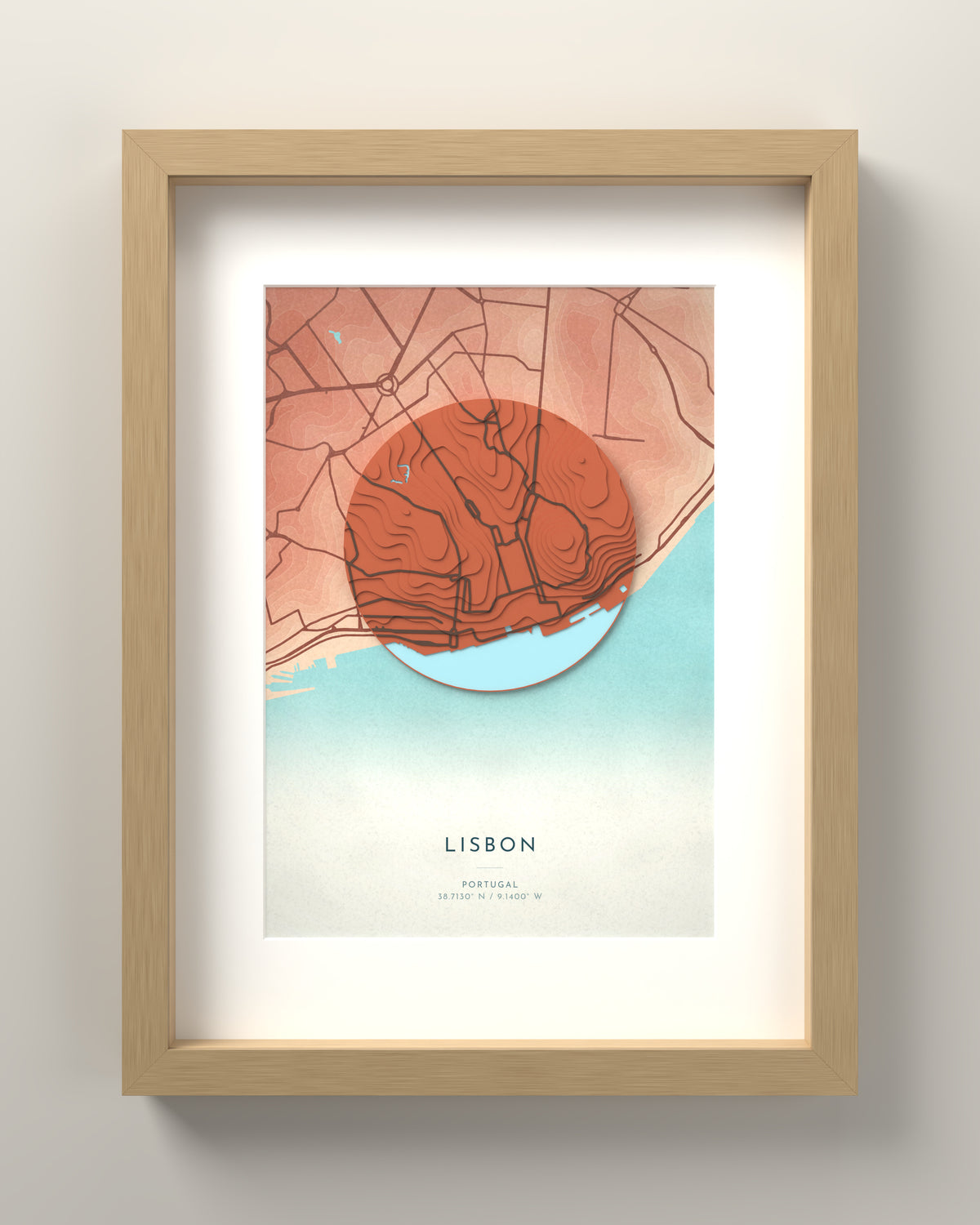 Lisbon 3D relief map in Riviera, oak frame