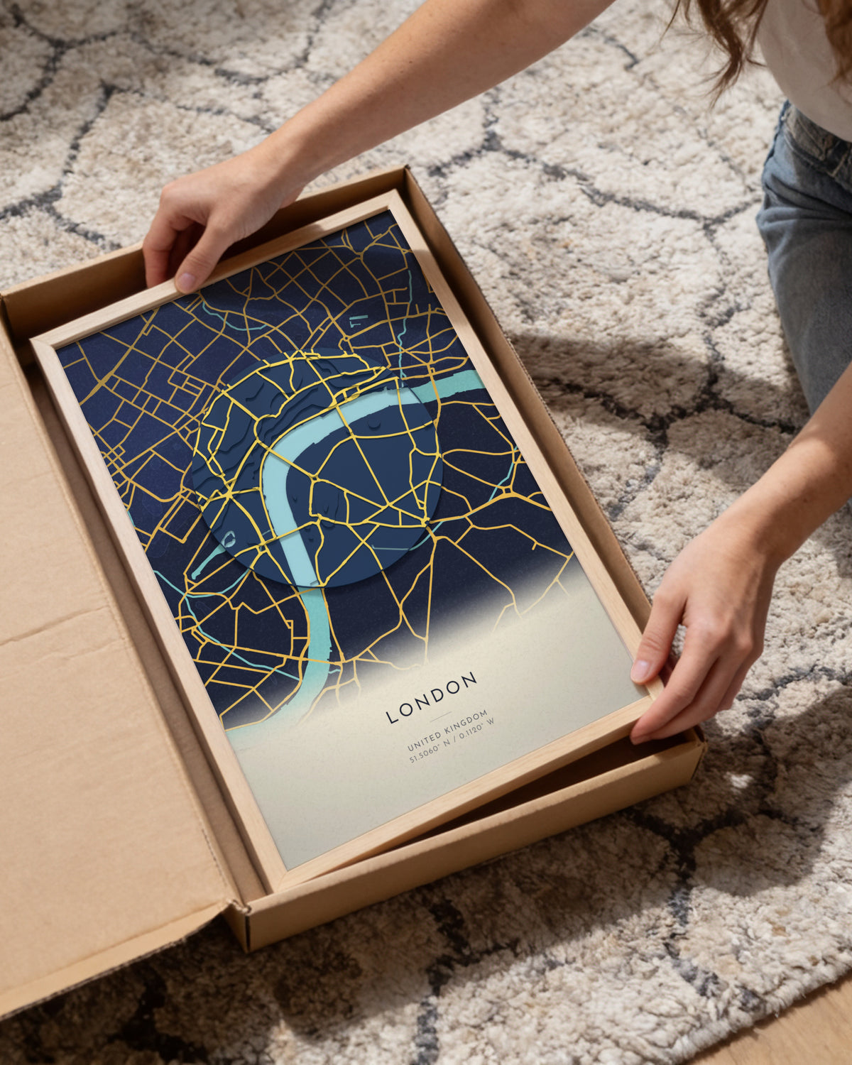 London 3D relief map in Nocturne, framed in a room