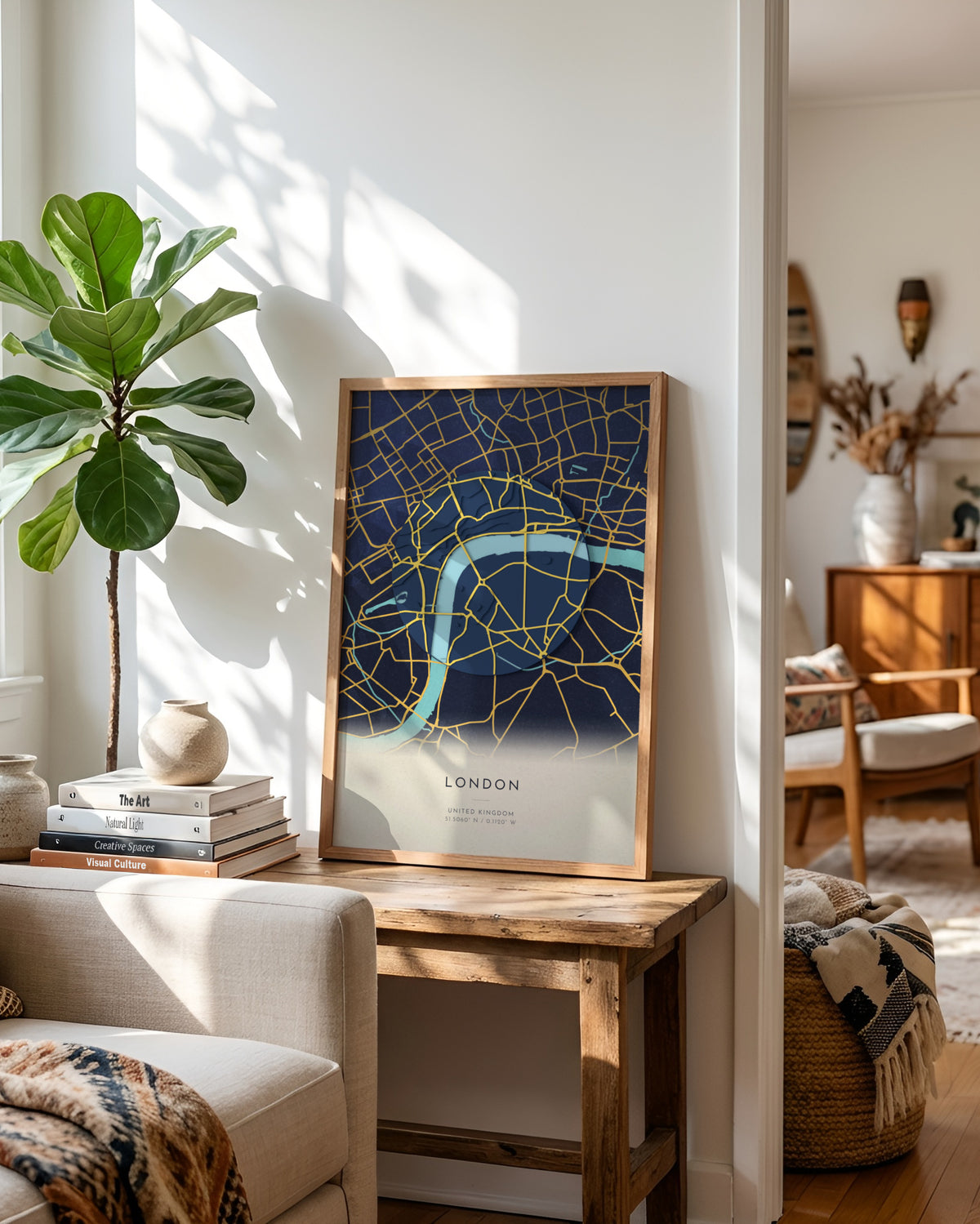 London 3D relief map in Nocturne, framed in a room