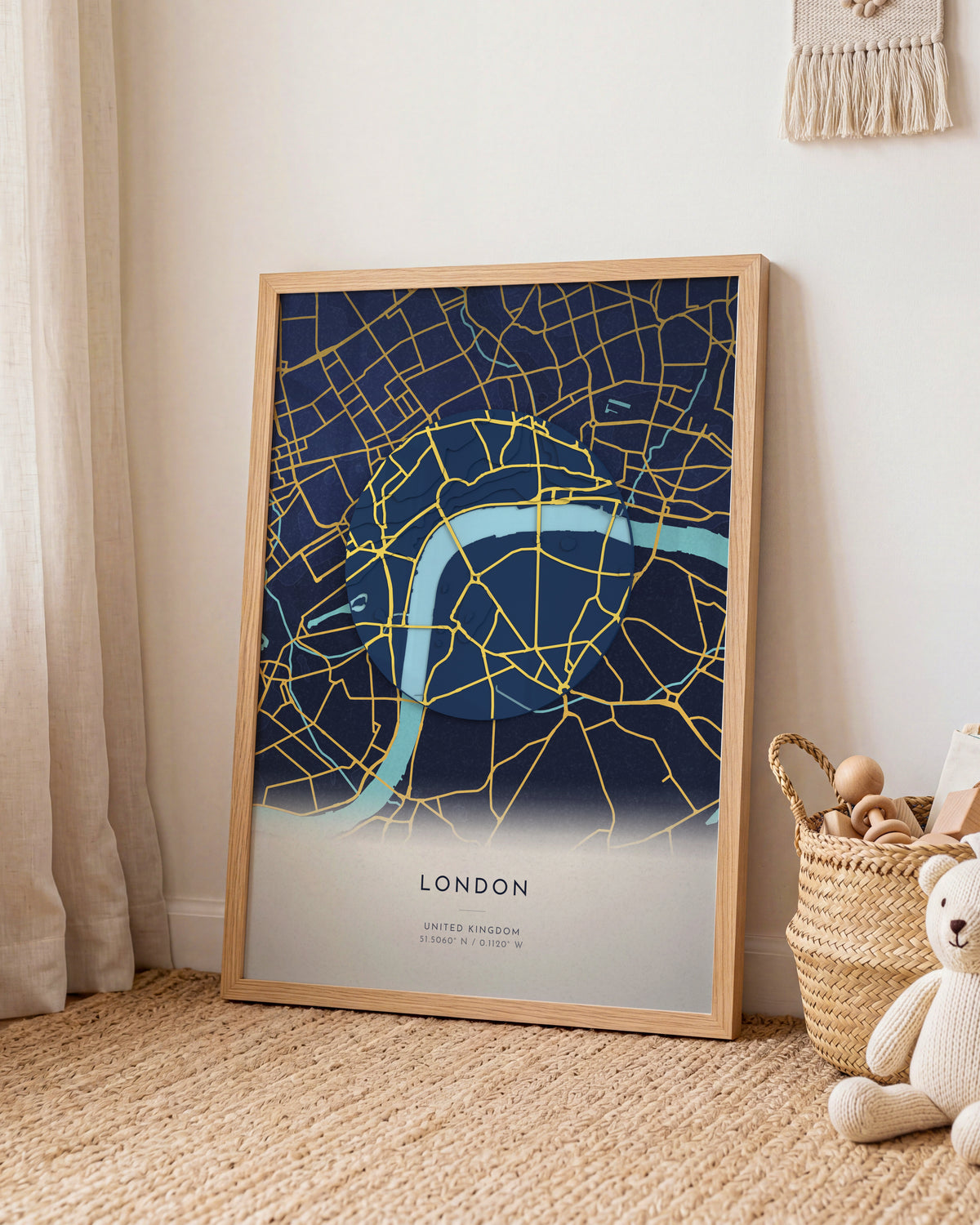 London 3D relief map in Nocturne, framed in a room