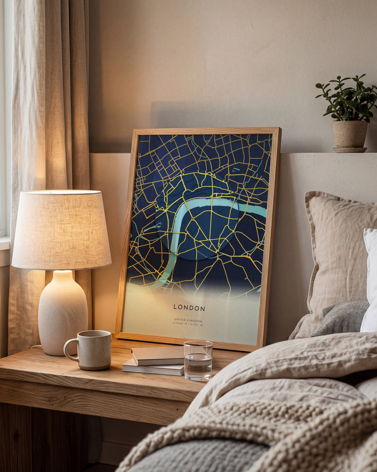 London 3D relief map in Nocturne, framed in a room