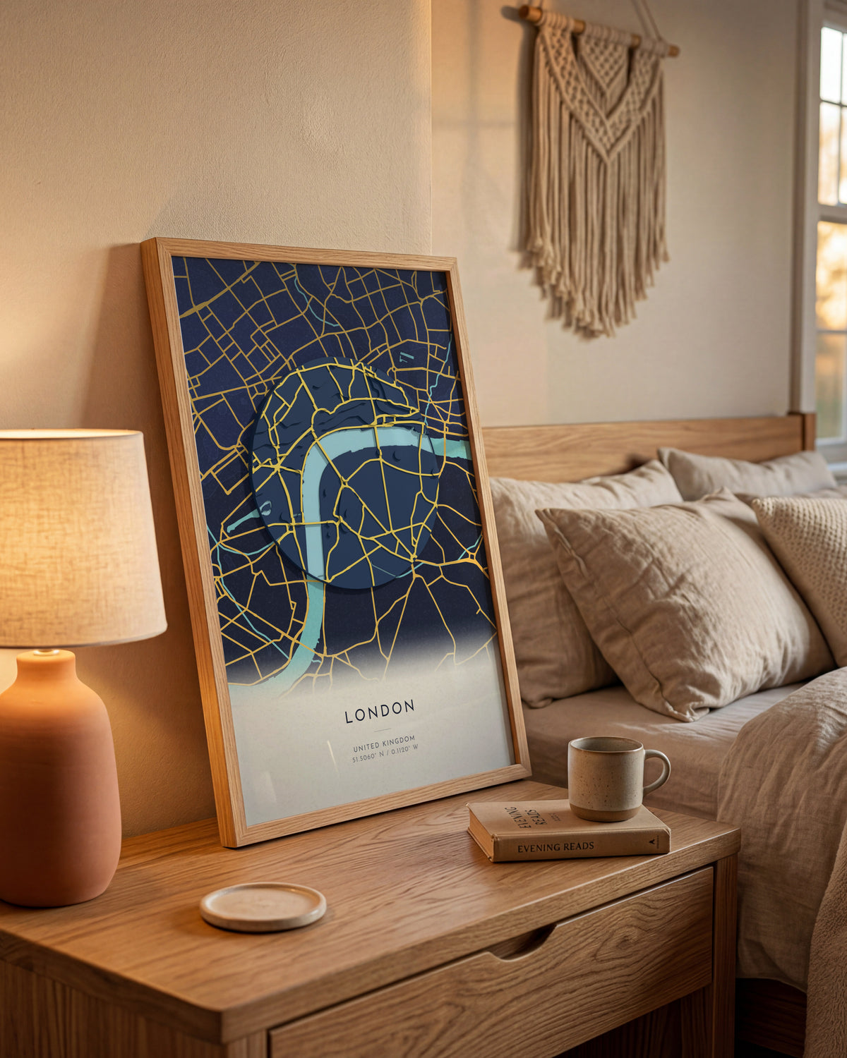 London 3D relief map in Nocturne, framed in a room