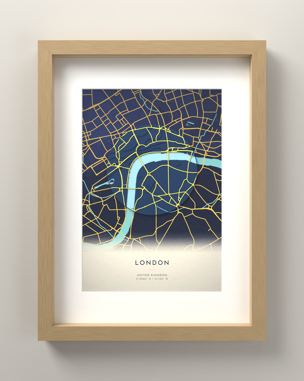 London 3D relief map in Nocturne, oak frame