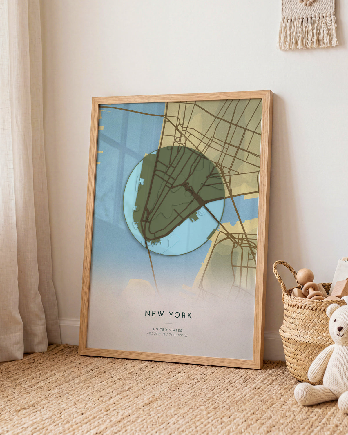 New York 3D relief map in Vale, framed in a room