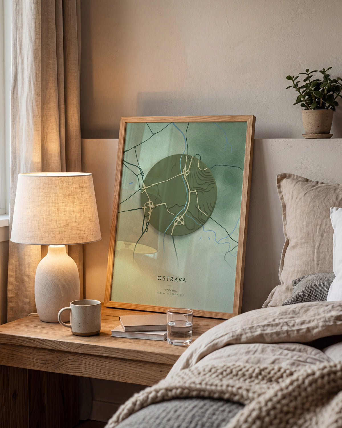Ostrava 3D relief map in Taiga, framed in a room