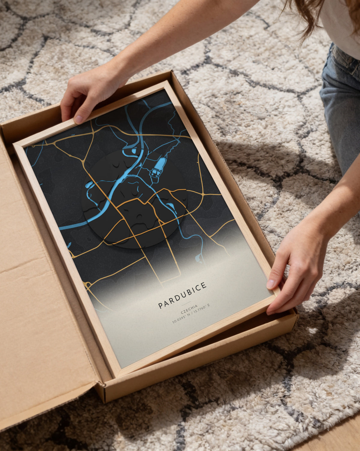 Pardubice 3D relief map in Basalt, framed in a room