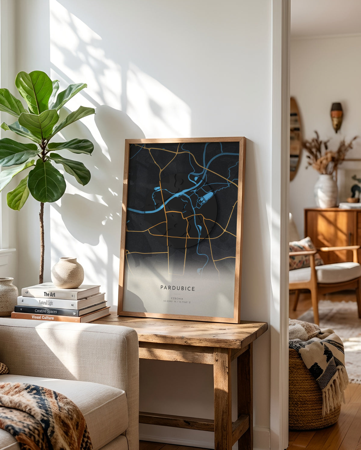 Pardubice 3D relief map in Basalt, framed in a room