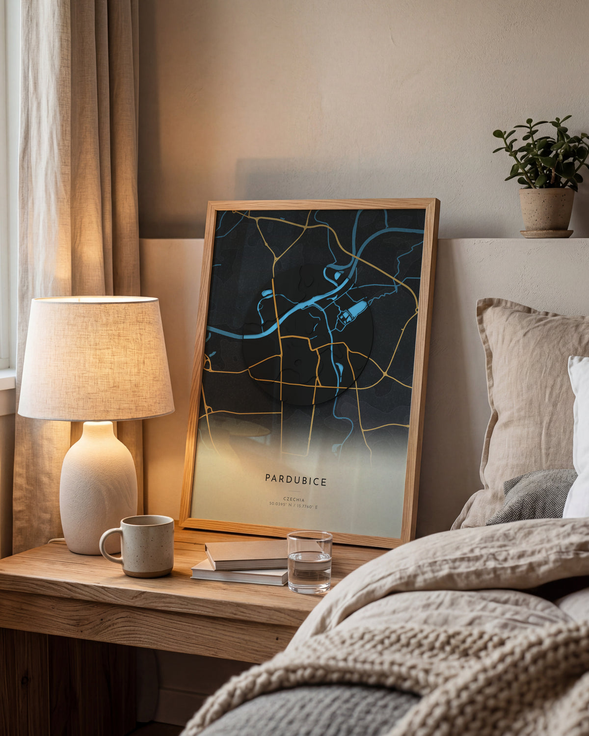 Pardubice 3D relief map in Basalt, framed in a room