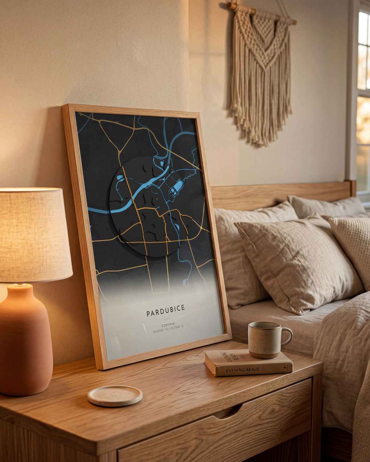 Pardubice 3D relief map in Basalt, framed in a room
