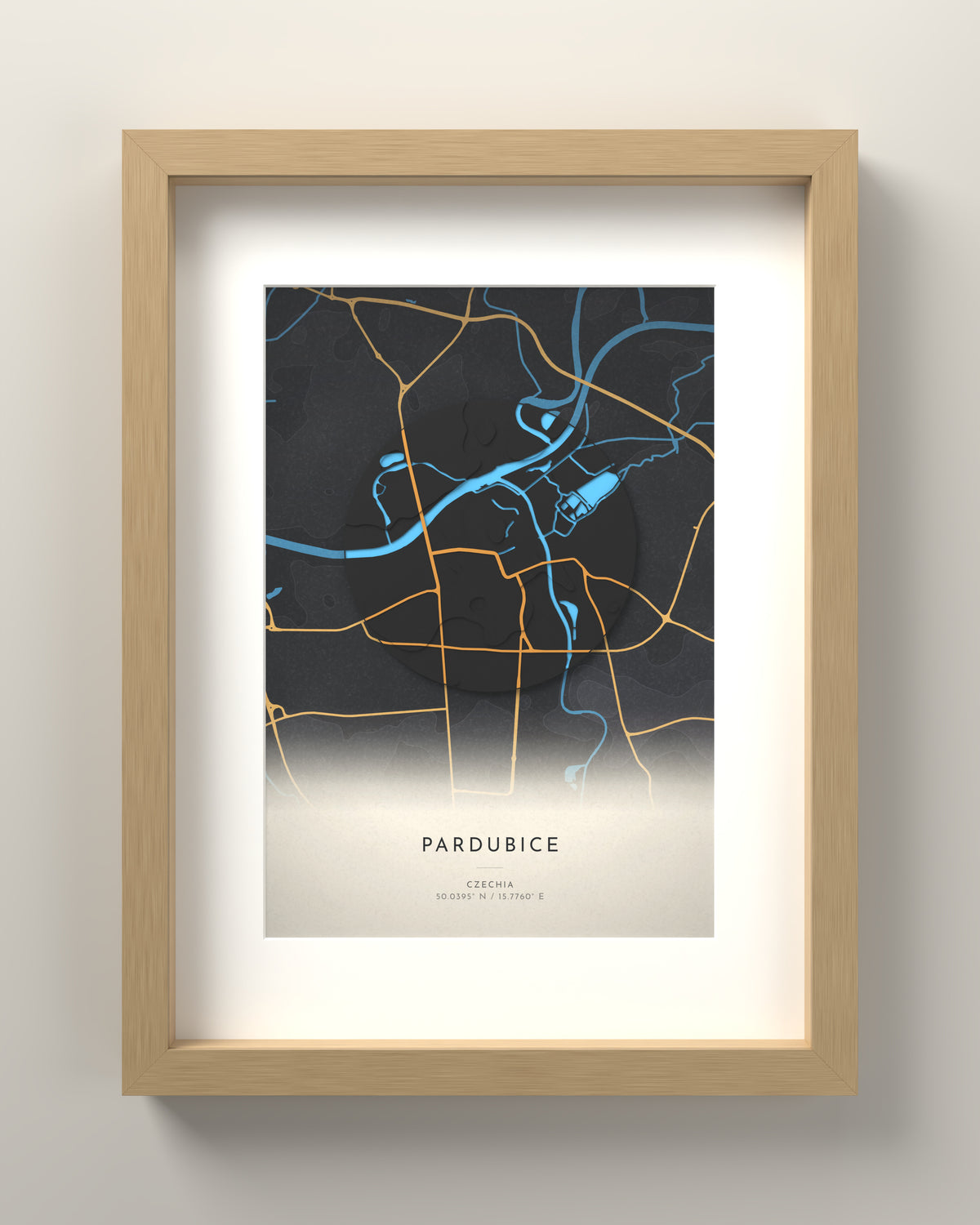 Pardubice 3D relief map in Basalt, oak frame