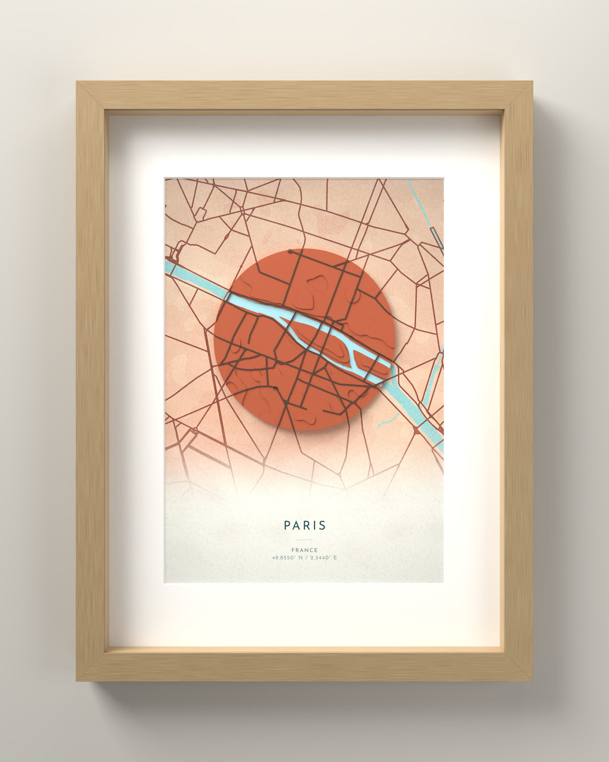 Paris 3D relief map in Riviera, oak frame